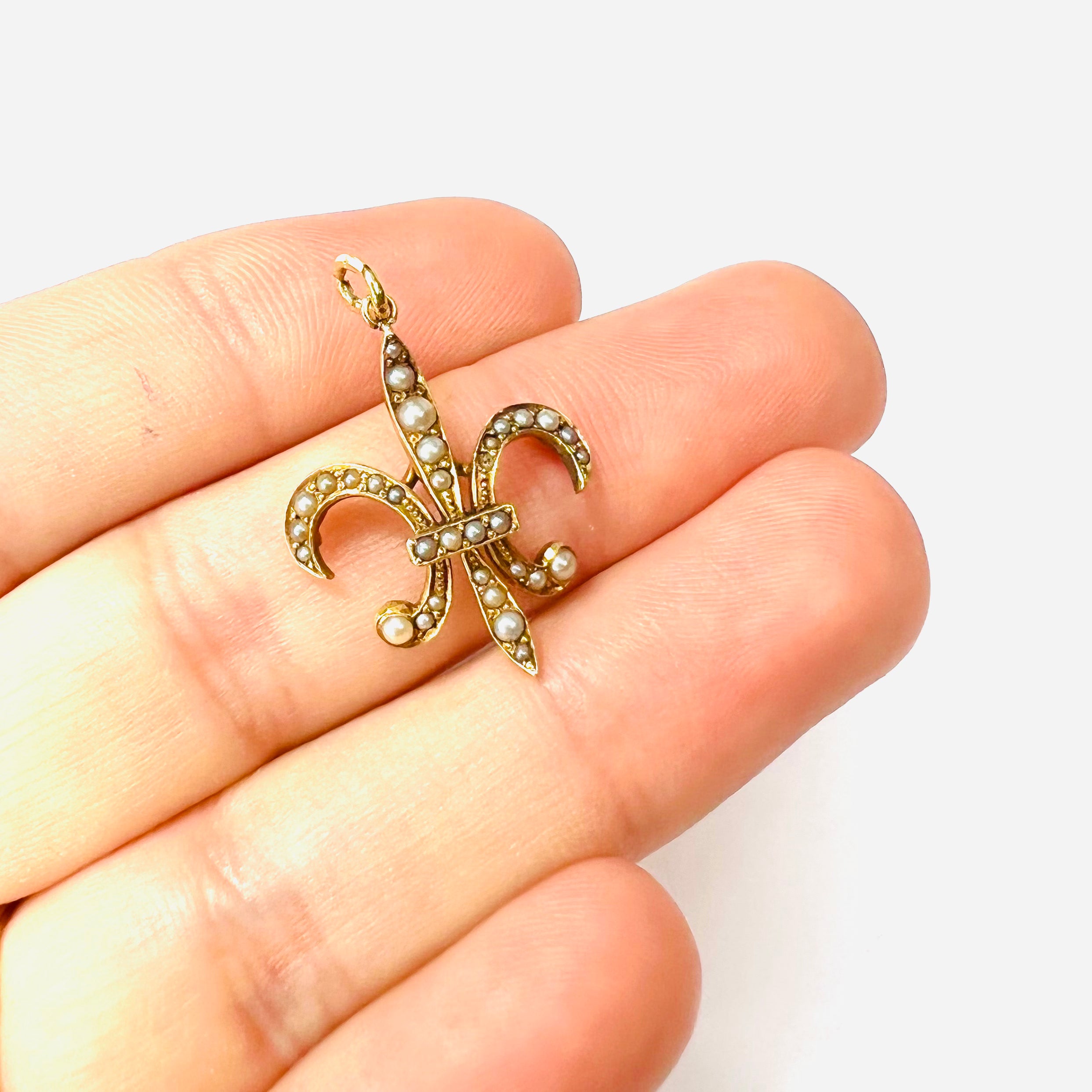 Antique 14K Yellow Gold Fleur De Lis Seed Pearl Pendant Charm