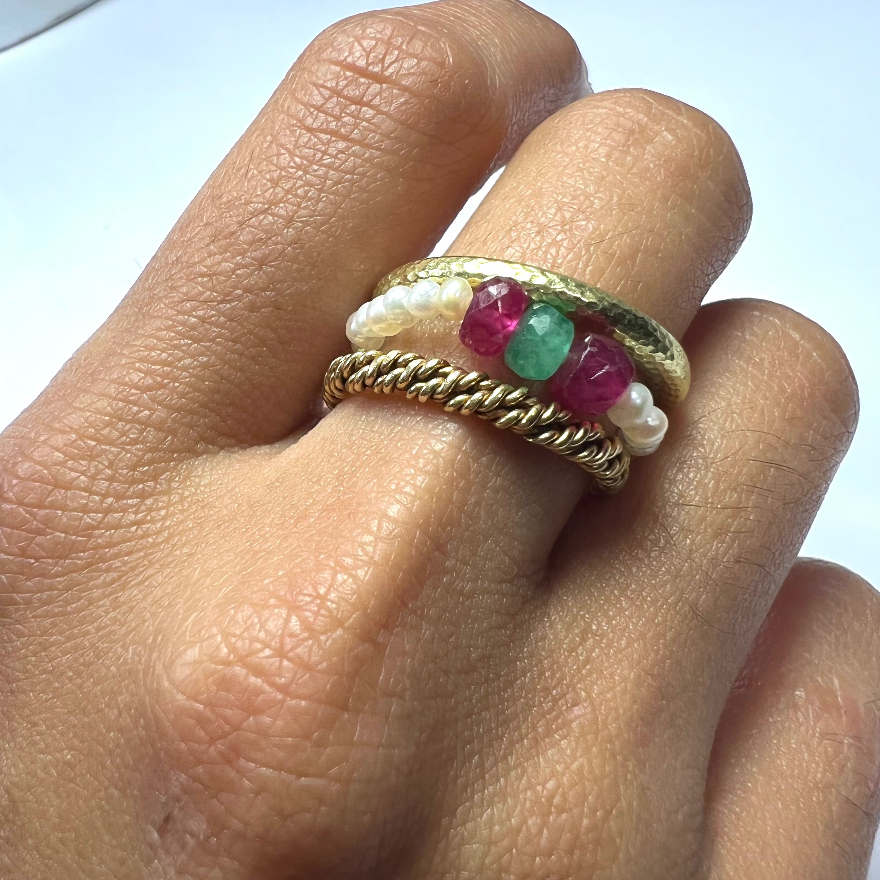 Natural Seed Pearl Eternity Rough Emerald and Ruby Ring size 7
