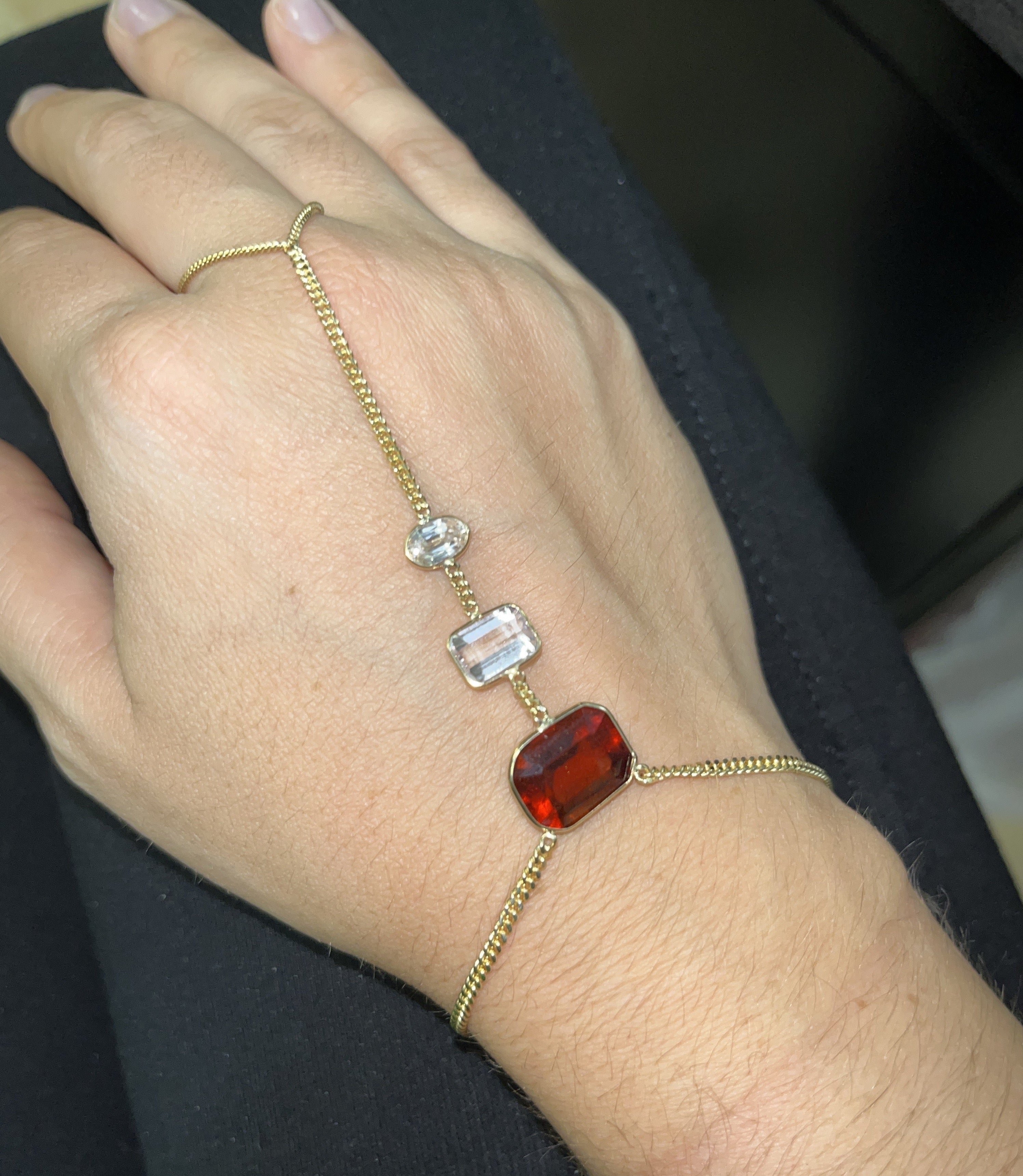 Red Labradorite, Kunzite and White Sapphire Hand Chain 14K Yellow Gold Curb Link