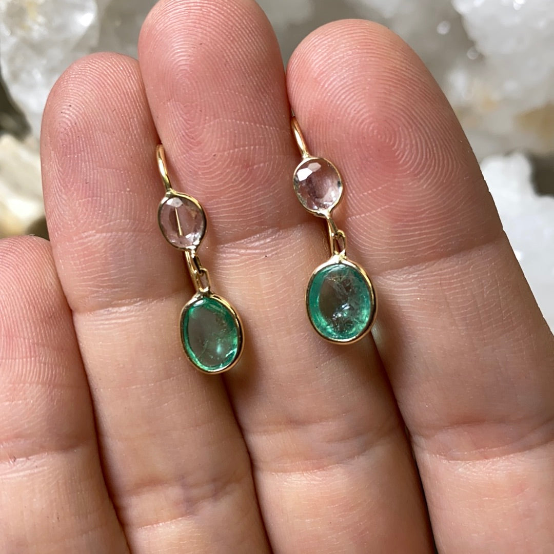 Emerald Cabochon and Rose Cut Diamond 14K Yellow Gold Drop Down Earrings