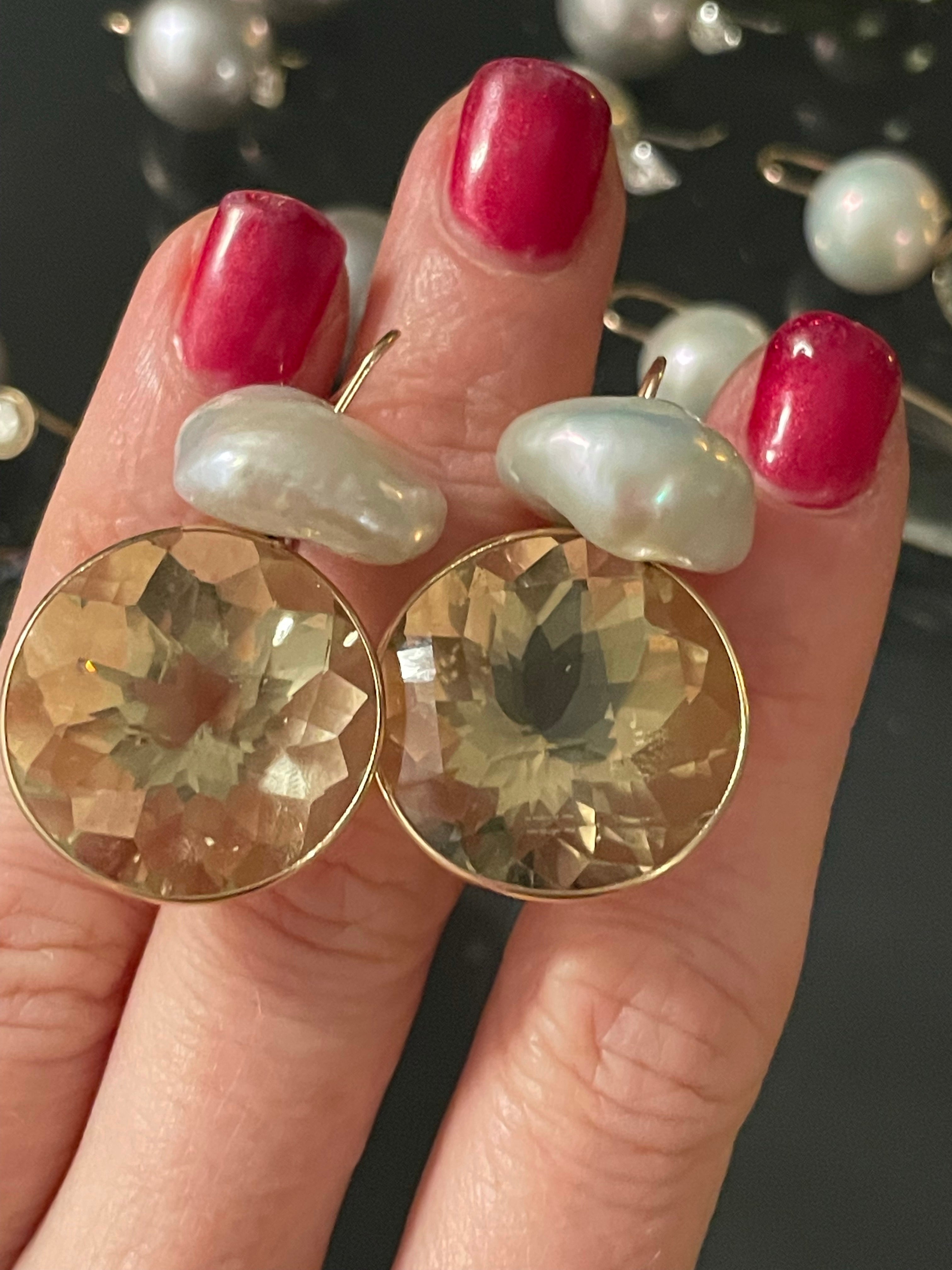 Unique Baroque Pearl and Lemon Quartz 14K Gold Earrings