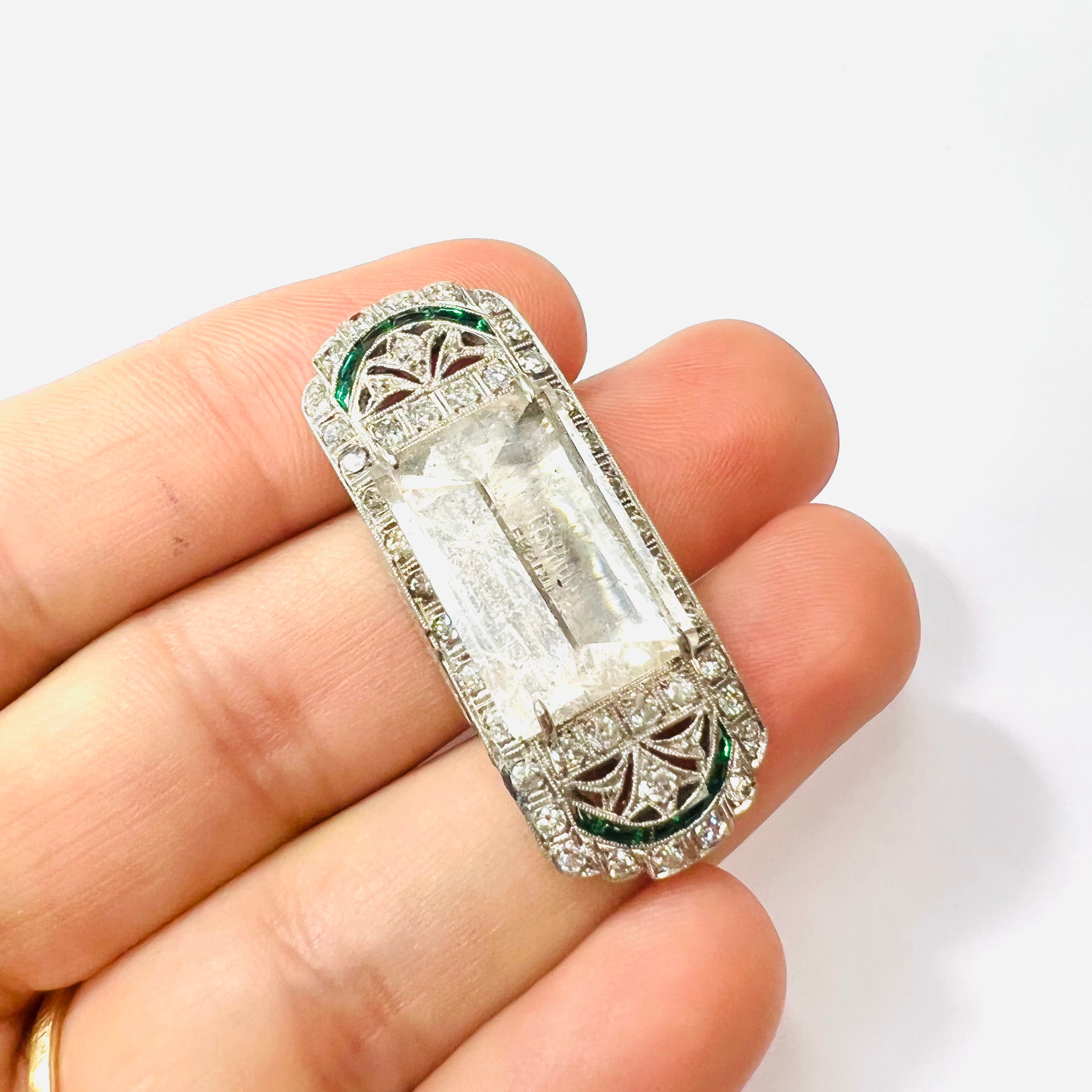 Art Deco Watch Face Convert Platinum Emerald Diamond and Morganite Pendant