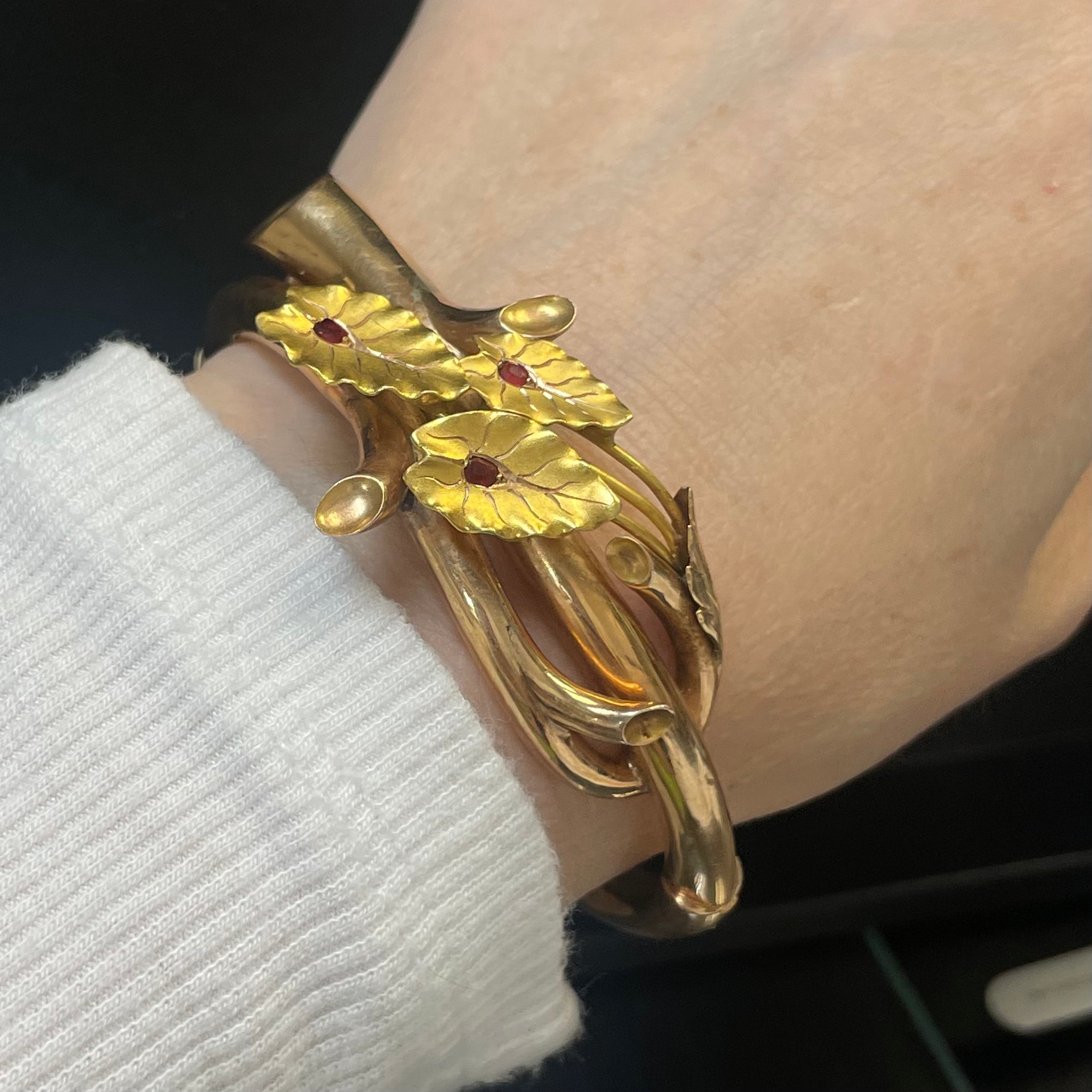 Antique 18K French Rose and Yellow Gold Burma Ruby Bangle Bracelet