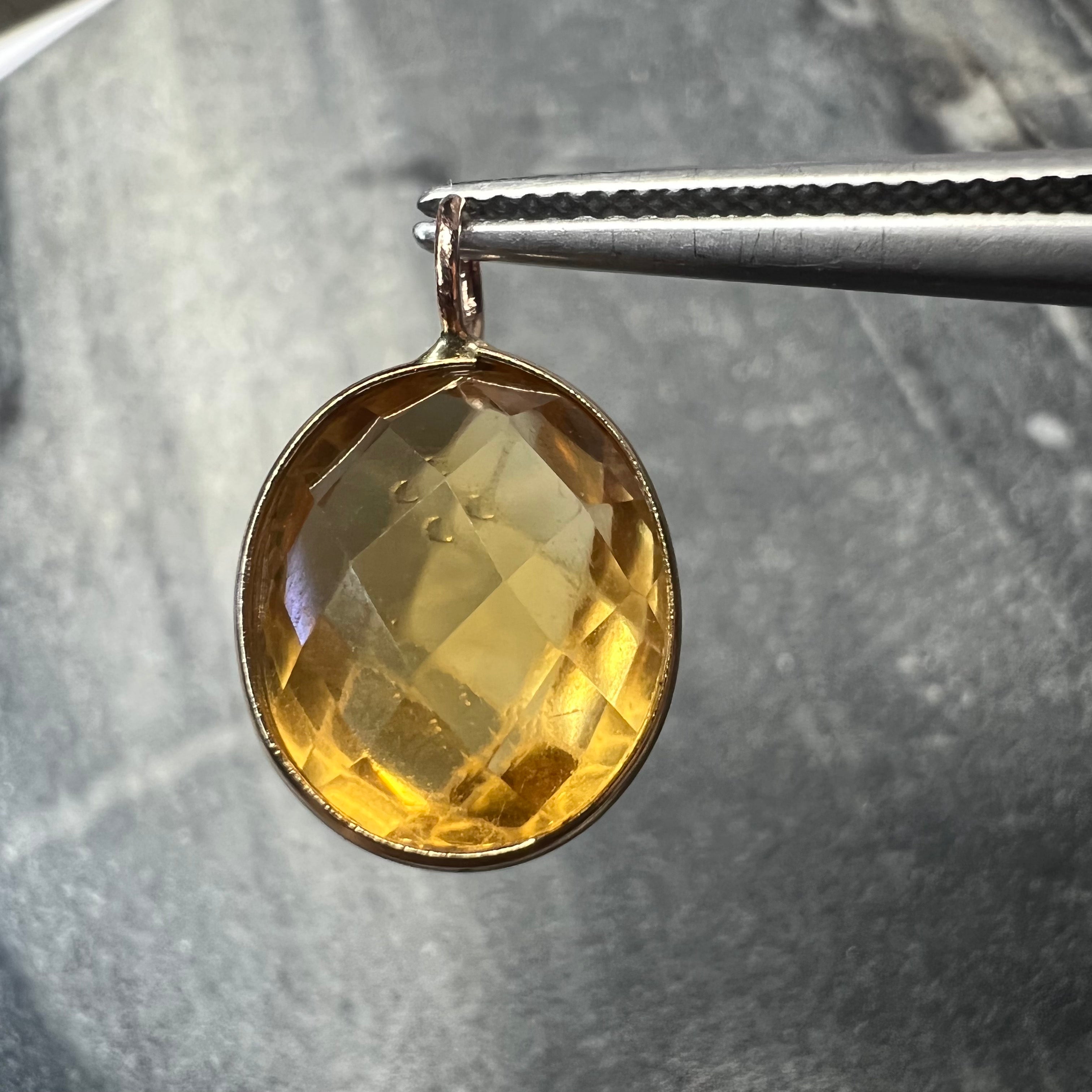 5.8CT Natural Oval Citrine 14K Yellow Gold Pendant Charm 17x11mm