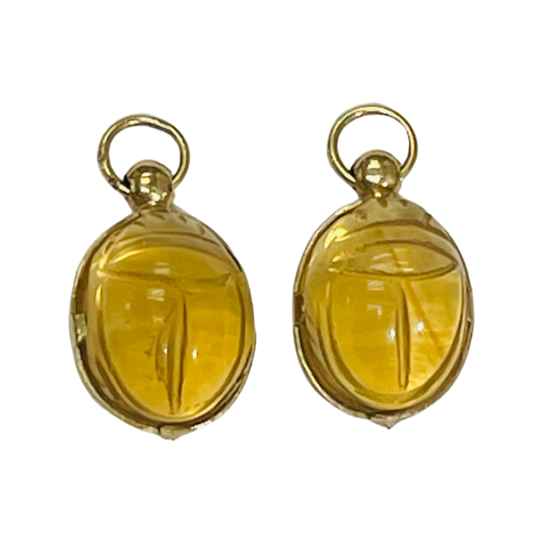 14K Yellow Gold Citrine Scarab Earring Charms for Hoops