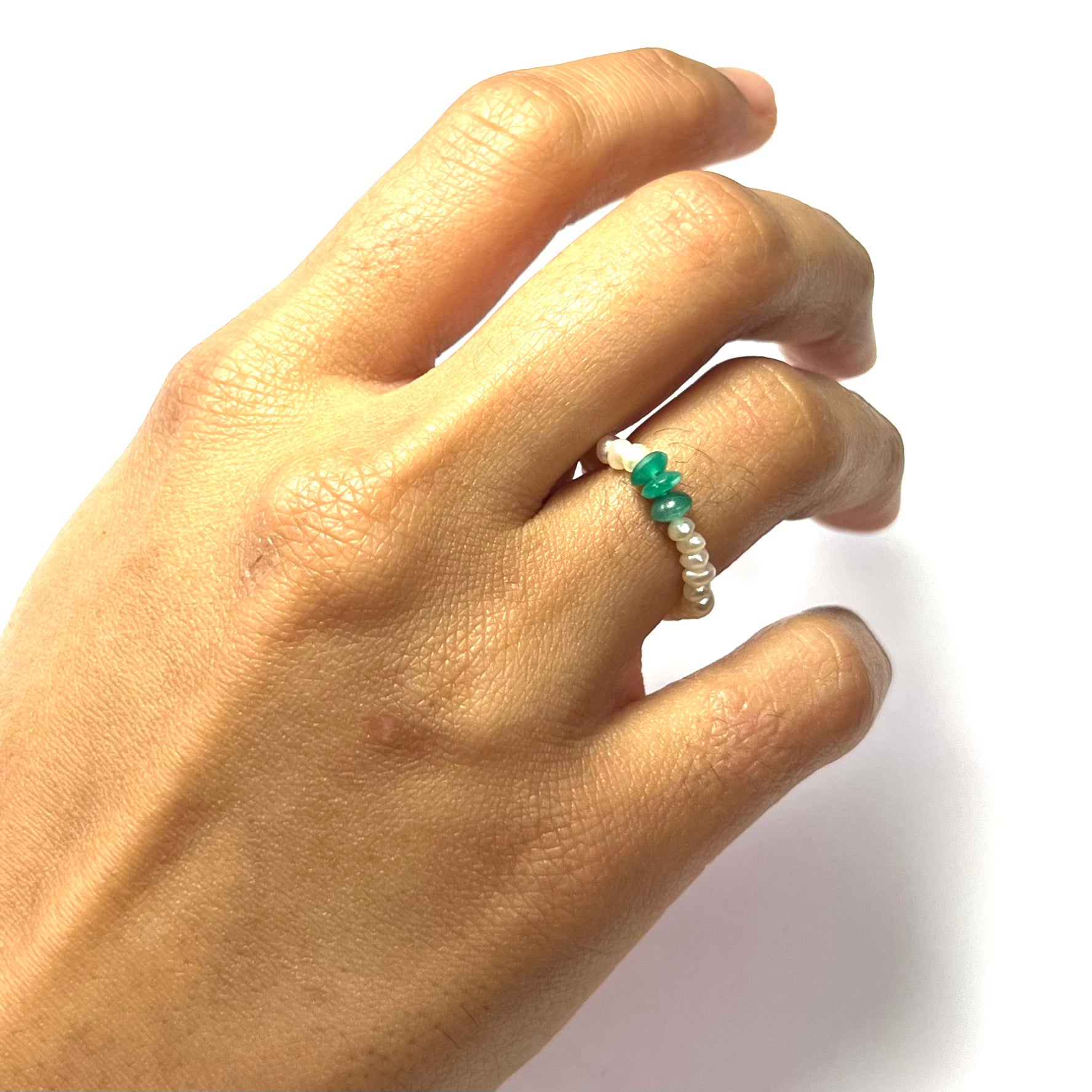 Natural Seed Pearl Eternity Emerald Ring 4.5