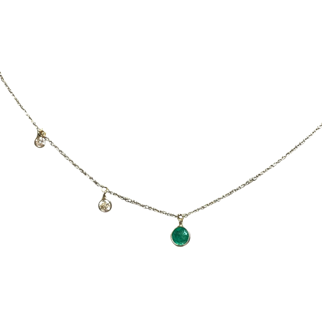 Emerald and  Diamond 16" 14k White Gold Dangle Asymmetric Necklace