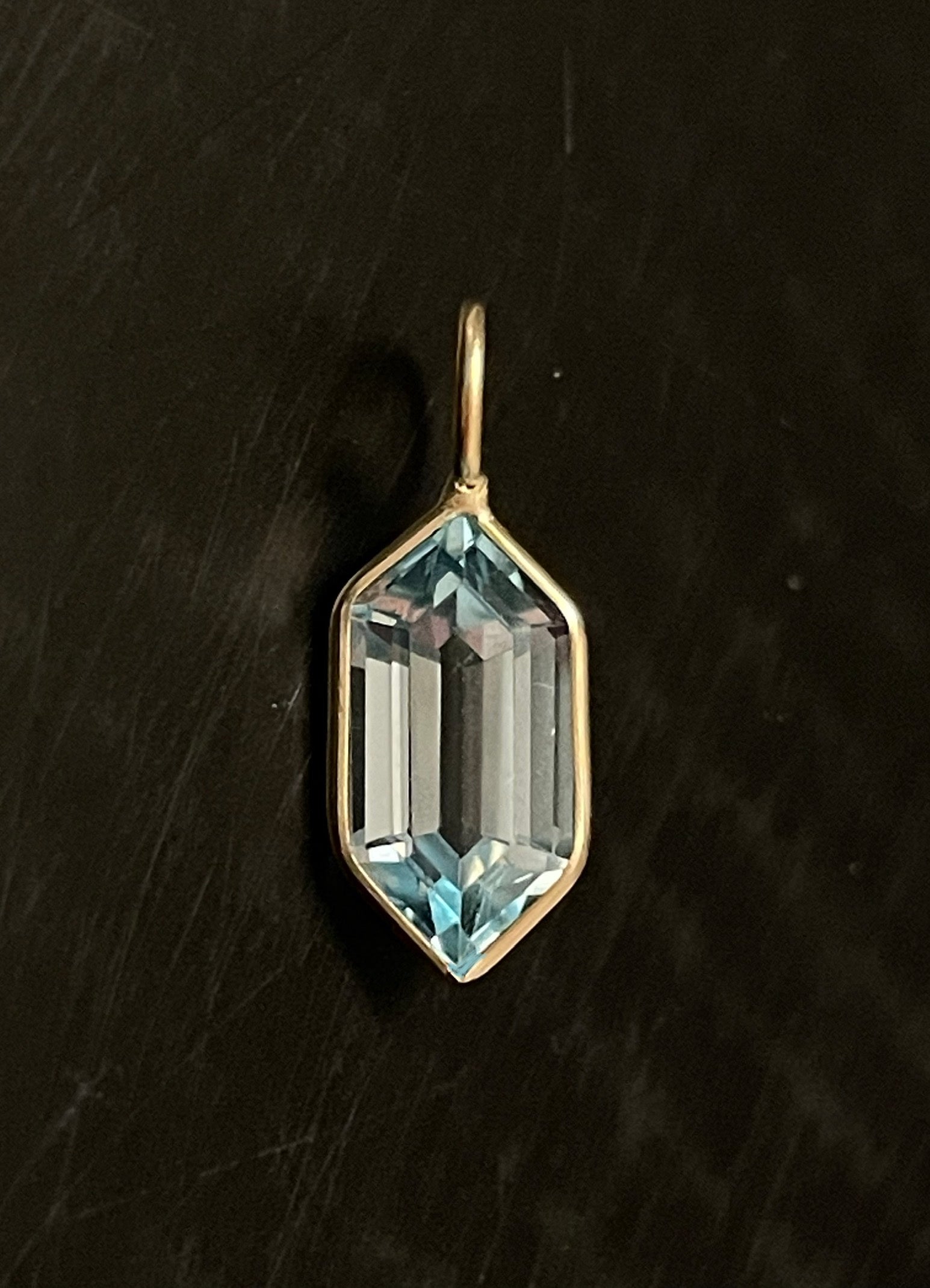 Blue Hexagon Topaz 14K Yellow Gold Pendant Charm 14x6mm