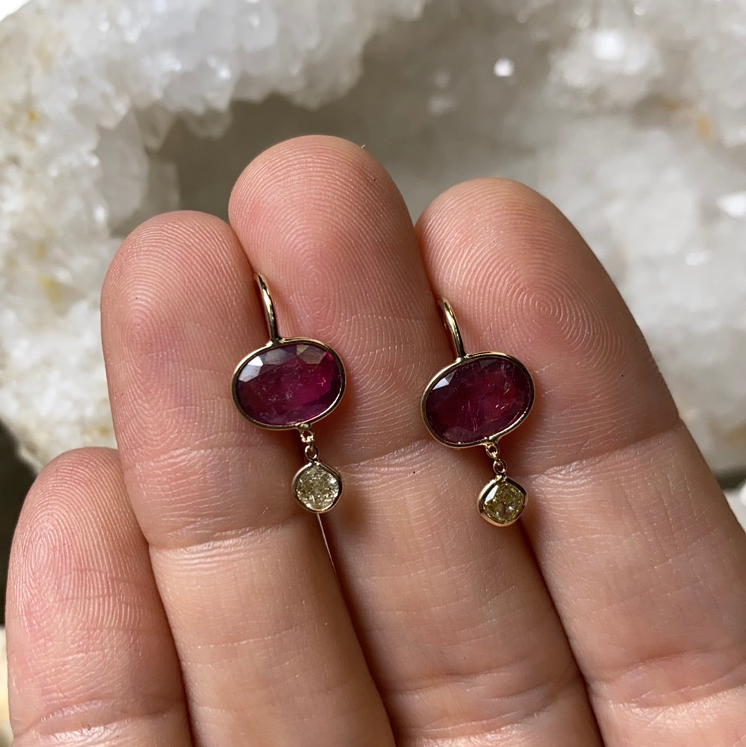Oval Pink Tourmaline Yellow Cushion Diamond Solid 14K Yellow Gold Dangling Earrings