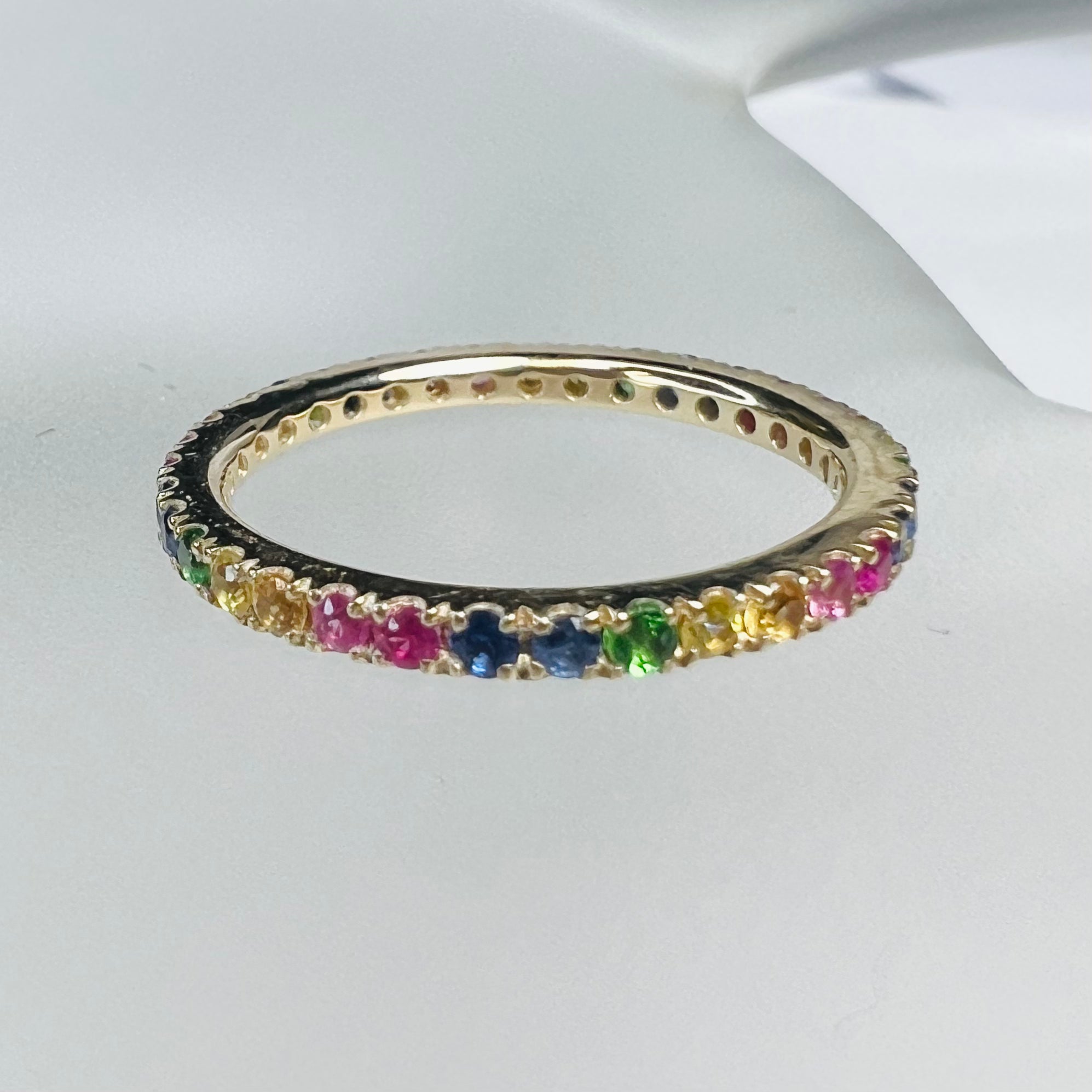 Solid 14K Yellow Gold Natural Rainbow Sapphire Eternity Ring Band Size 6.5