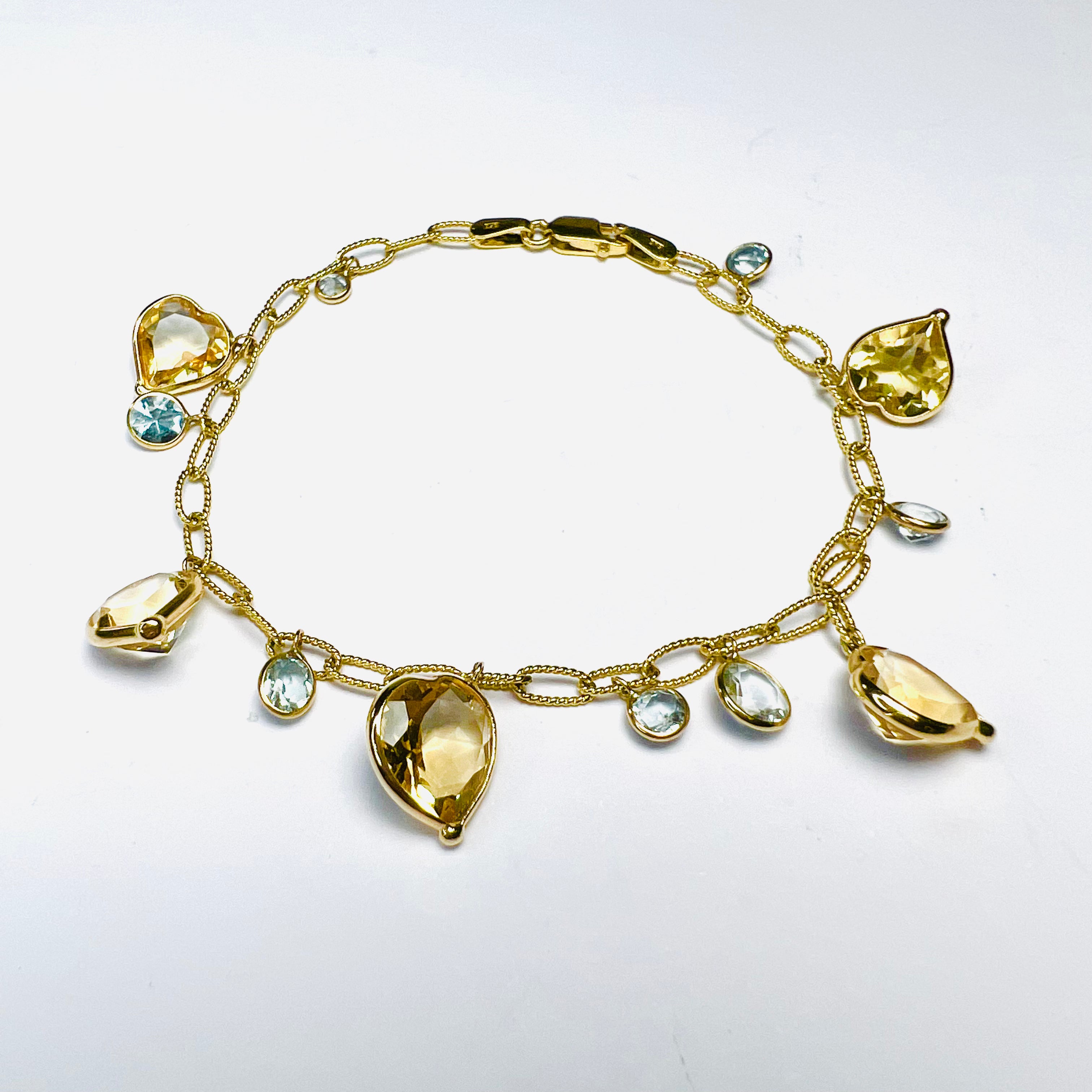 14K Yellow Gold Heart Citrine & Aquamarine Textured Link Bracelet 6.5"