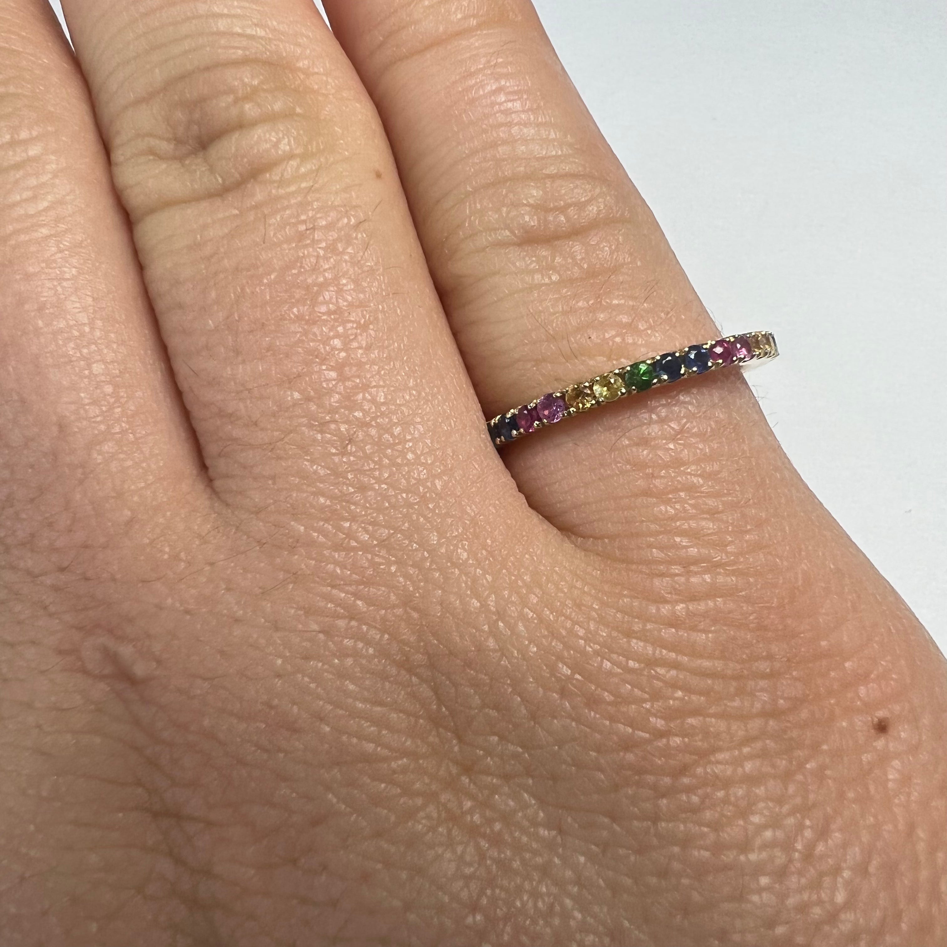 Solid 14K Yellow Gold Natural Rainbow Sapphire Eternity Ring Band Size 6.5