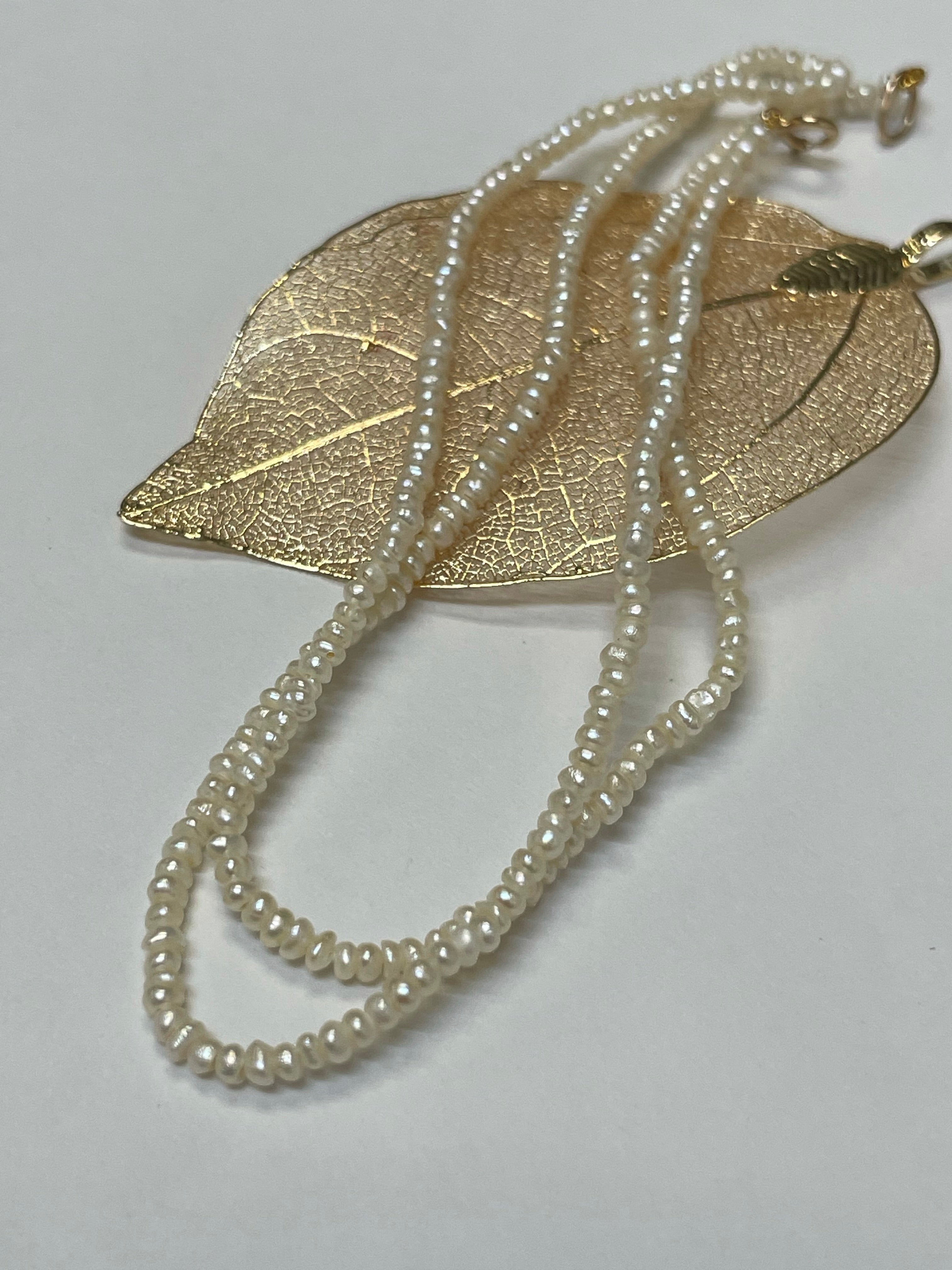 16" Natural Seed Pearl Necklace 2mm 14K Yellow Gold