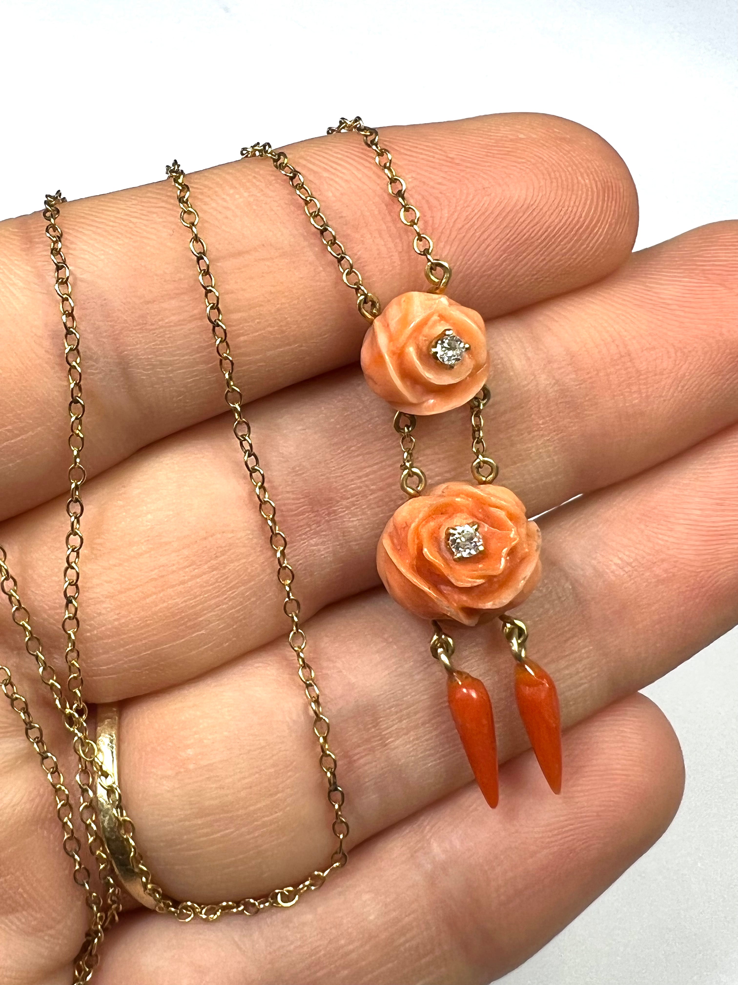 Rose Carved Orange Coral and Diamond 15" 14K Yellow Gold Necklace