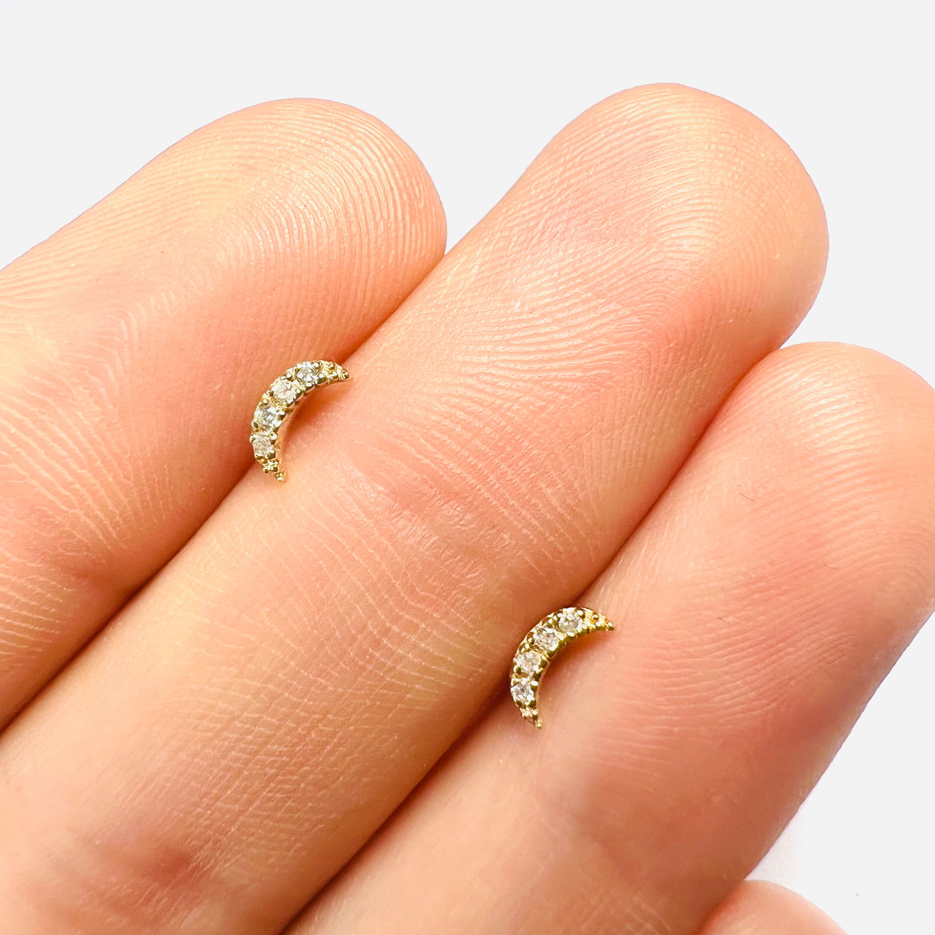 Glittering Diamond Celestial Crescent Moon Earrings 14K Yellow Gold 6x3mm
