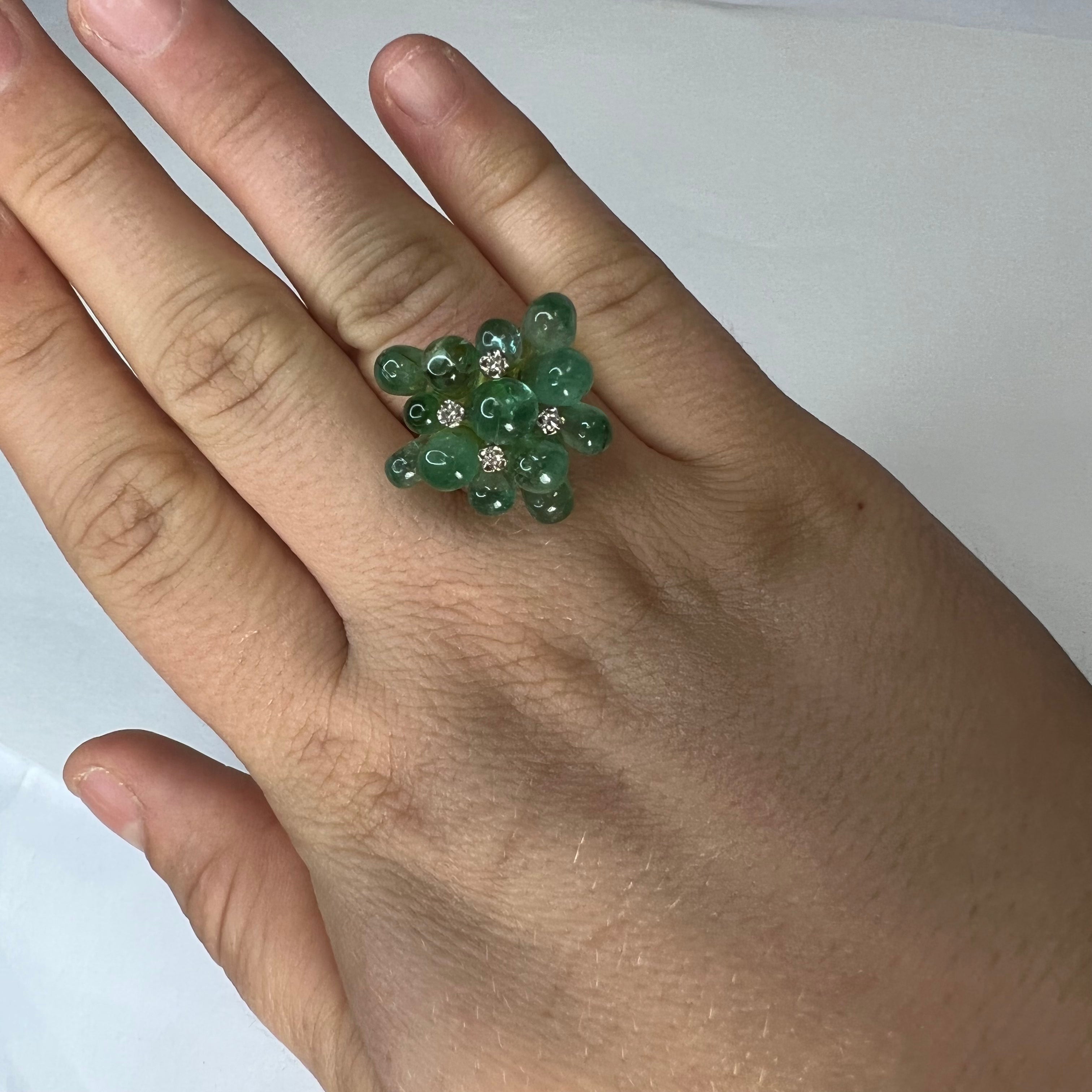 Solid 14K Yellow Gold Cabochon Emerald Droplet Cluster with Diamonds Ring Size 7