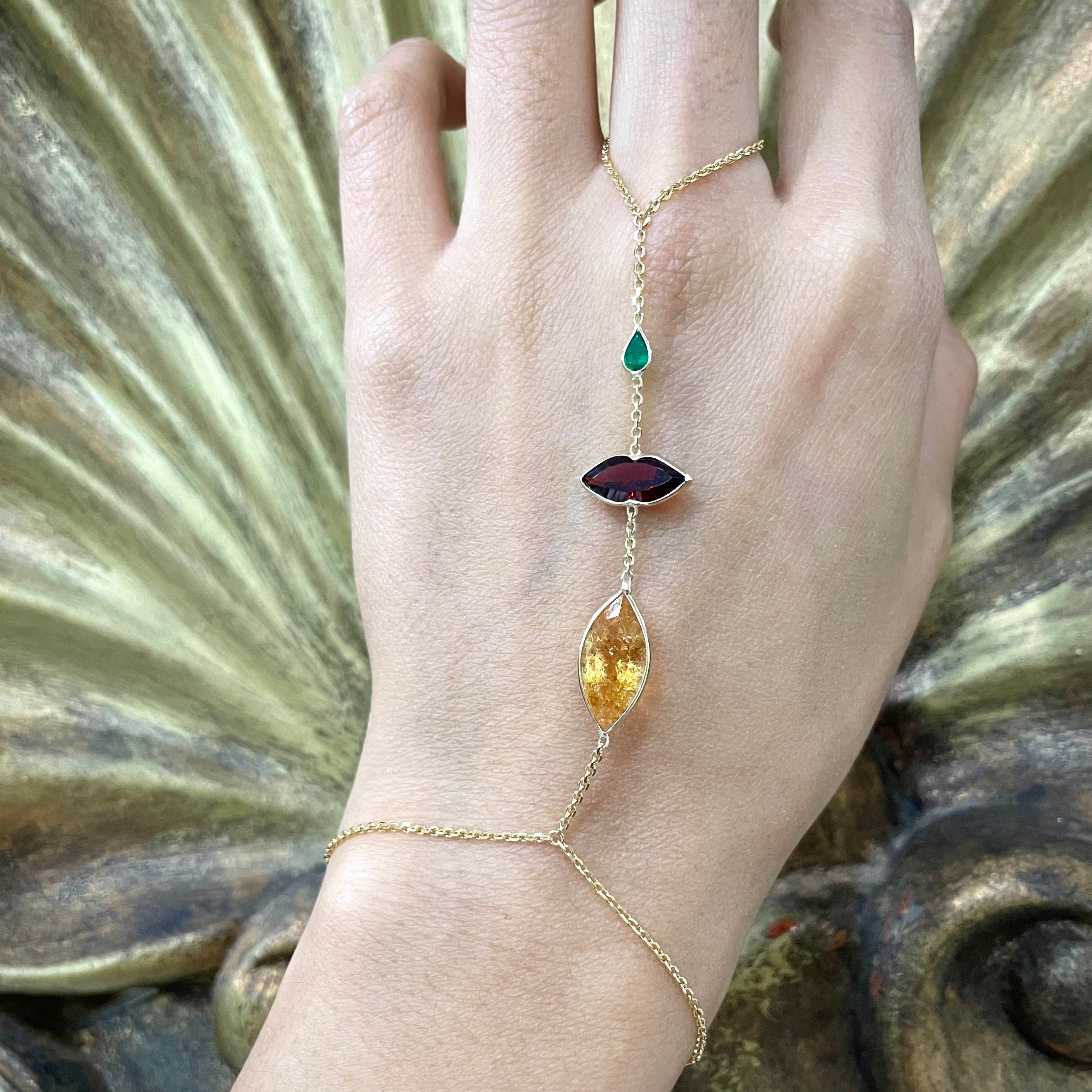 Lip Garnet HandChain in solid 14k Yellow Gold
