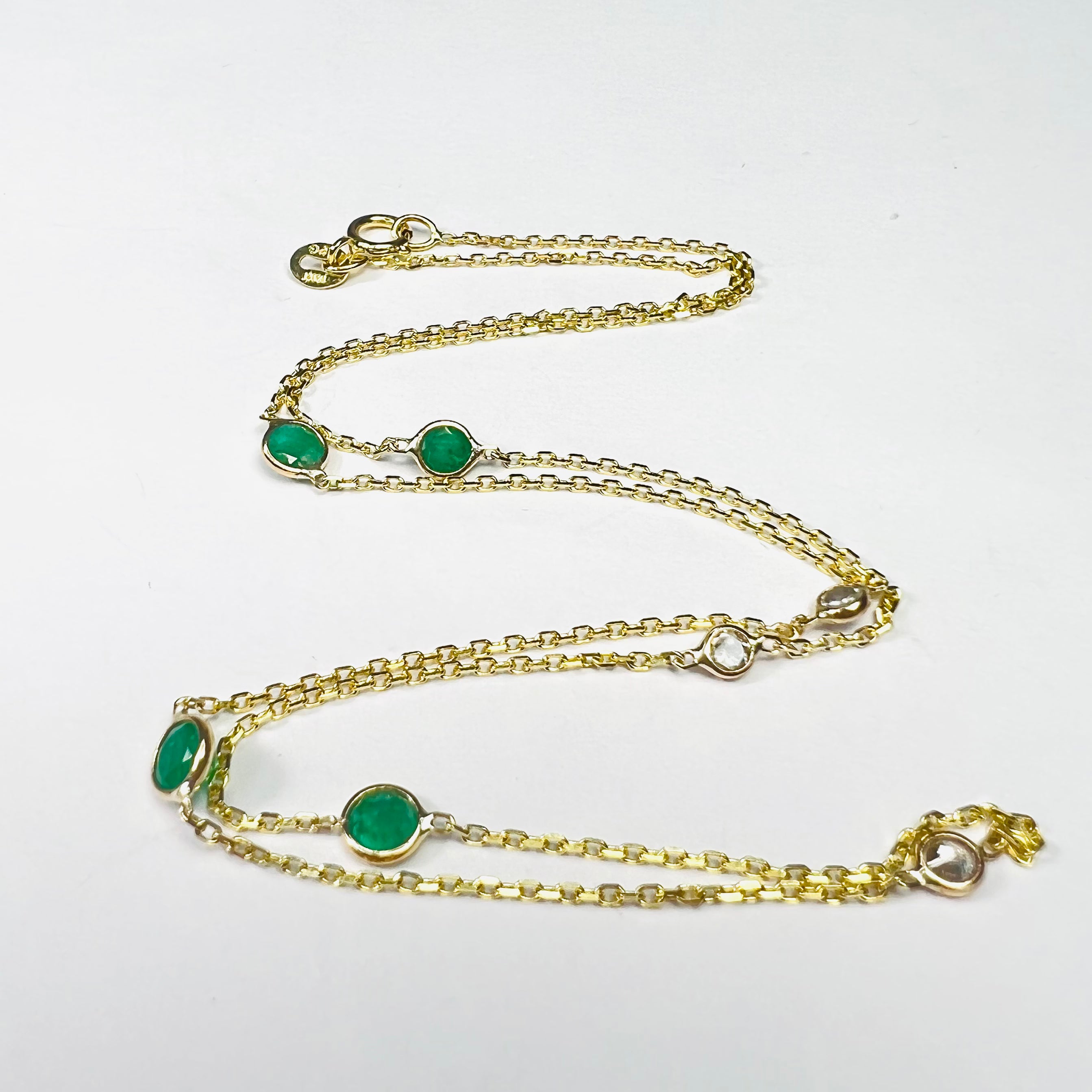 14K Yellow Gold 4 Emerald 3 Diamond by the Yard Necklace 16"