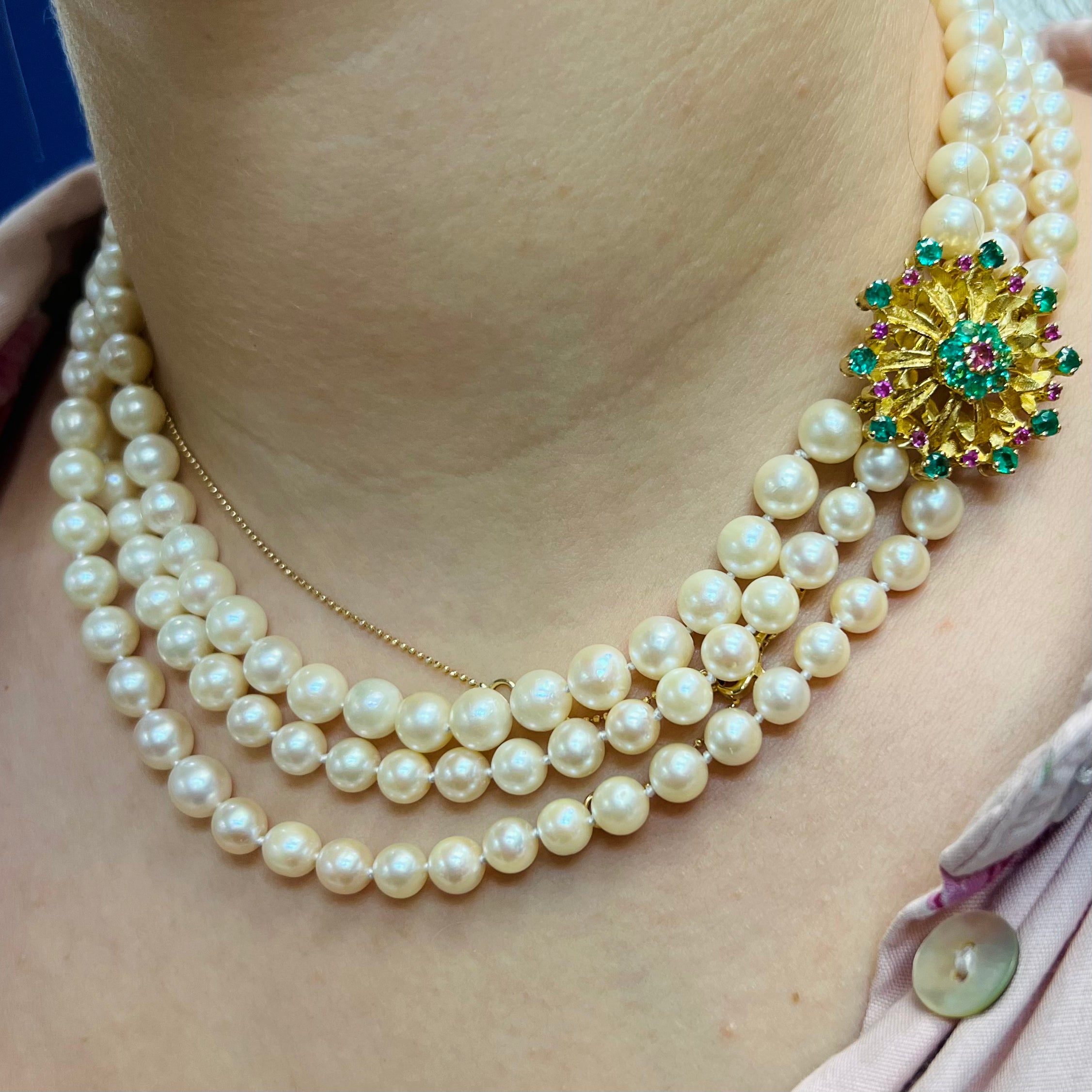 Pearls with Floral Emerald and Ruby 15" 14k Yellow Gold Necklace