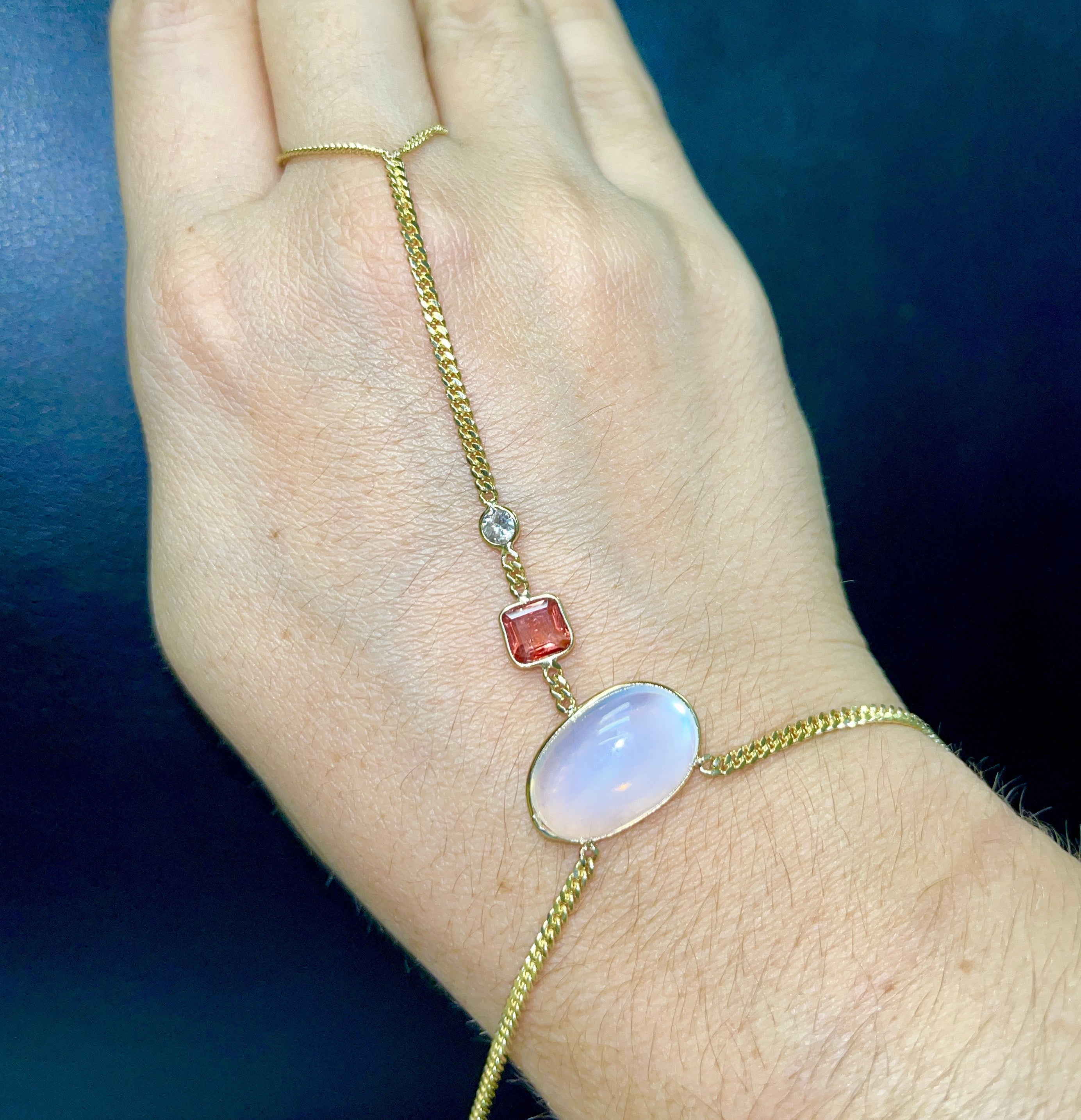 Moonstone, Spinel and Diamond 14K Yellow Gold Curb Link Hand Chain