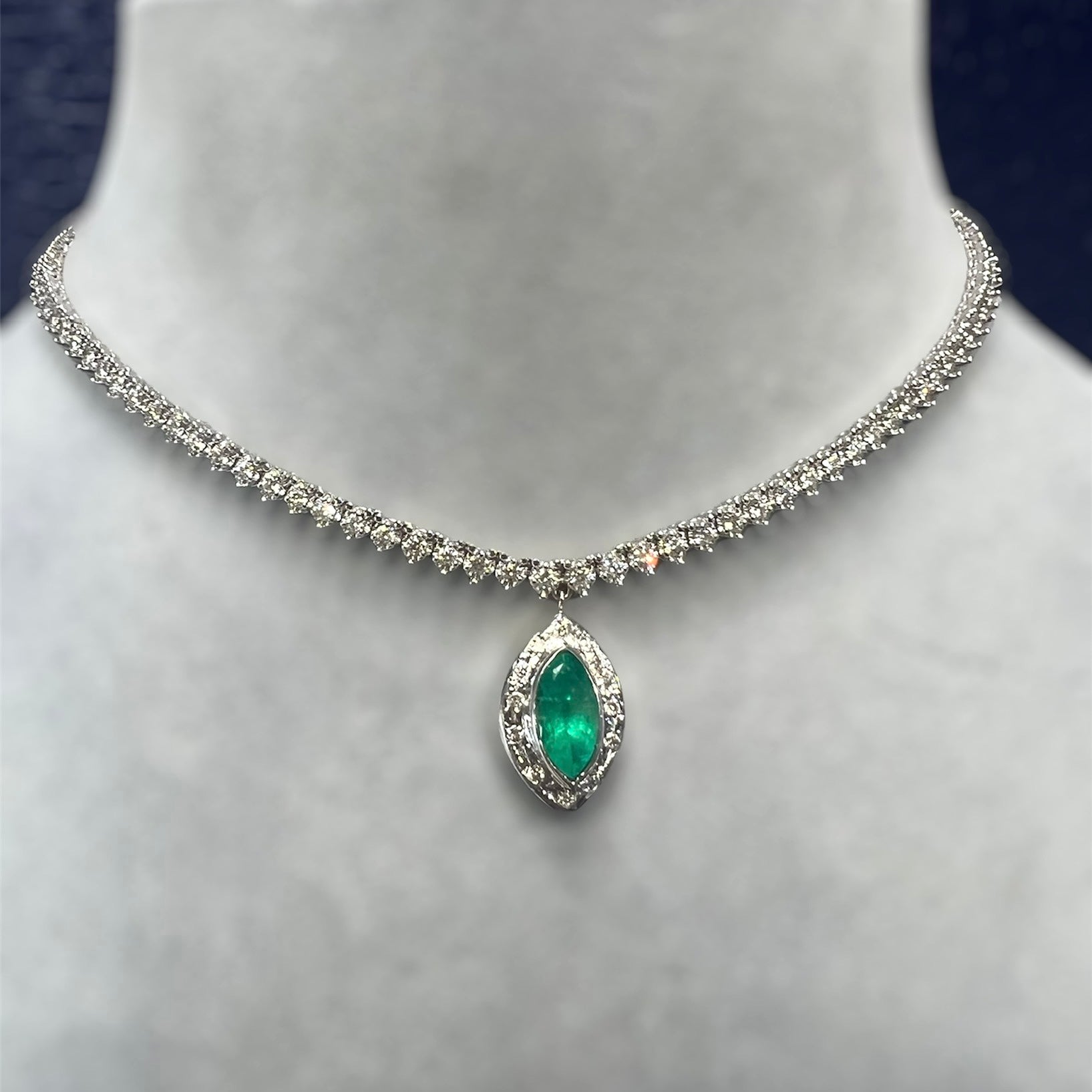 2.3CTw Diamond Tennis Marquise Emerald Pendant Necklace 14K White Gold 18”