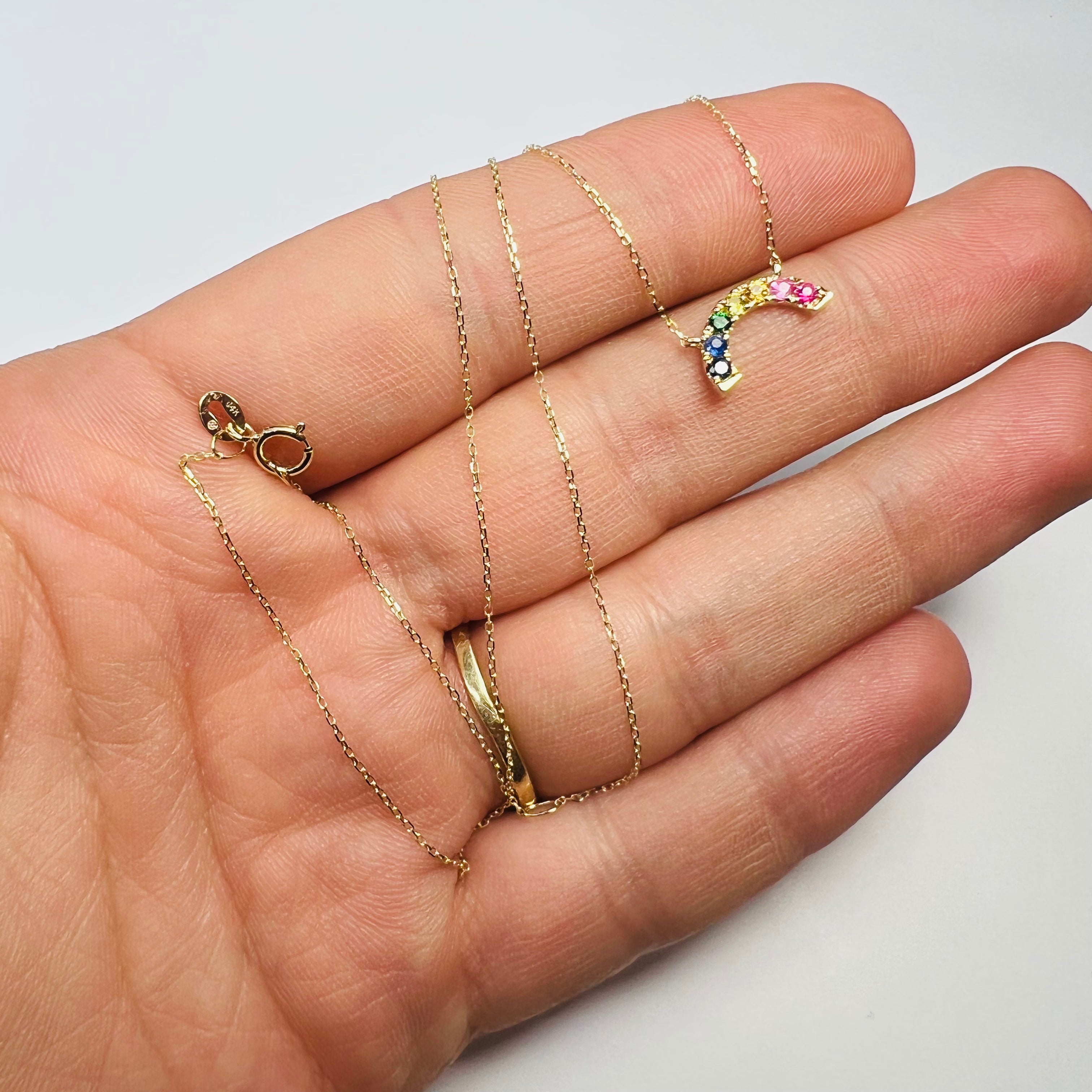 Small Rainbow Sapphire 16"-18" 14K Yellow Gold Necklace Adjustable
