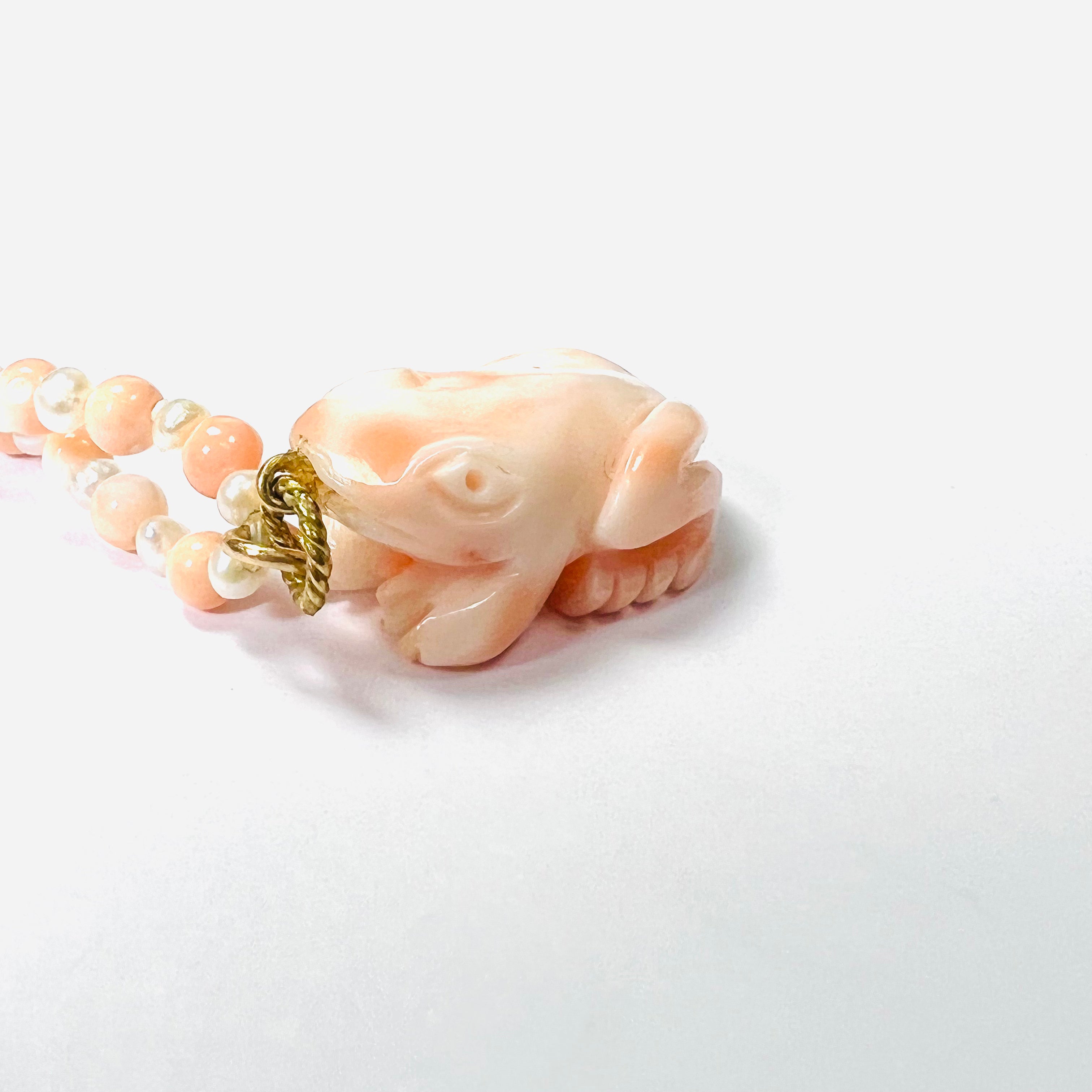 16" 14K Yellow Gold Frog Carved Natural Coral on Seed Pearl Necklace