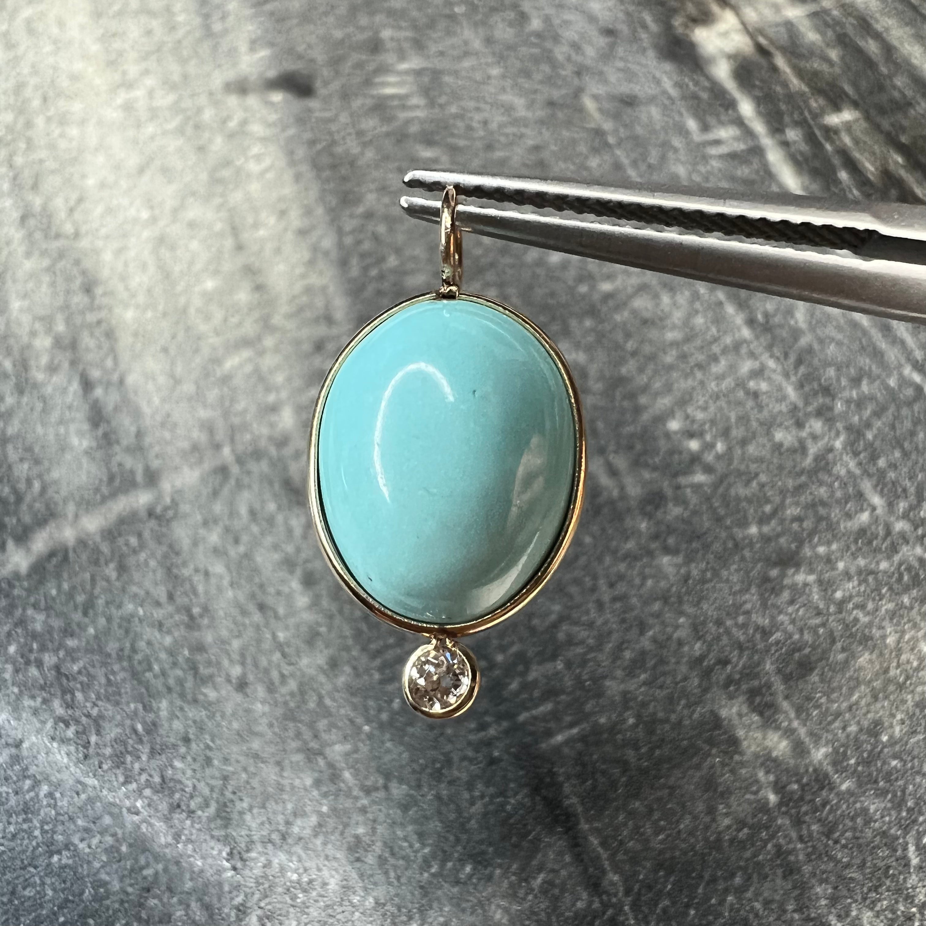 Turquoise and Diamond 14k Yellow Gold Pendant Charm 21x11mm