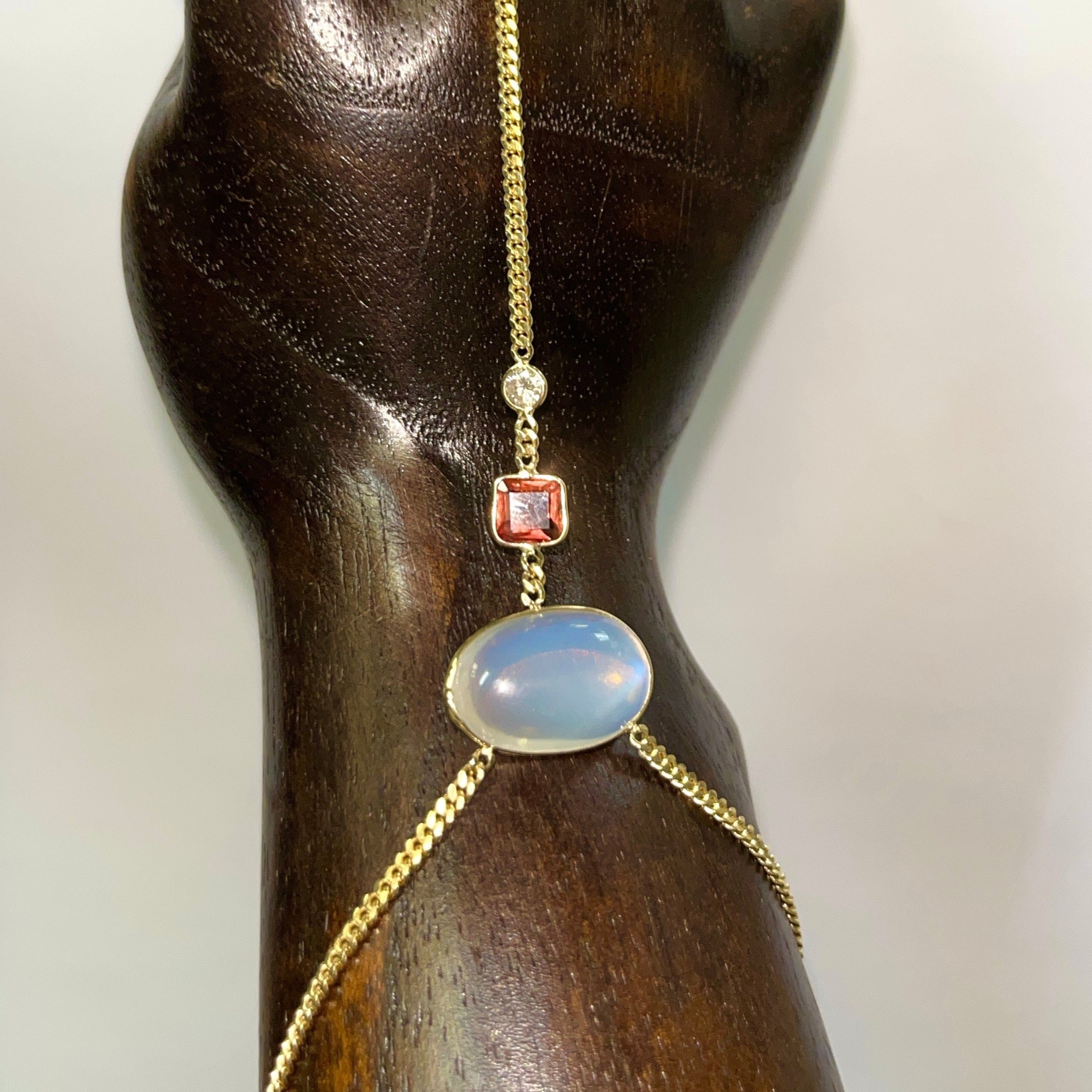 Moonstone, Spinel and Diamond 14K Yellow Gold Curb Link Hand Chain