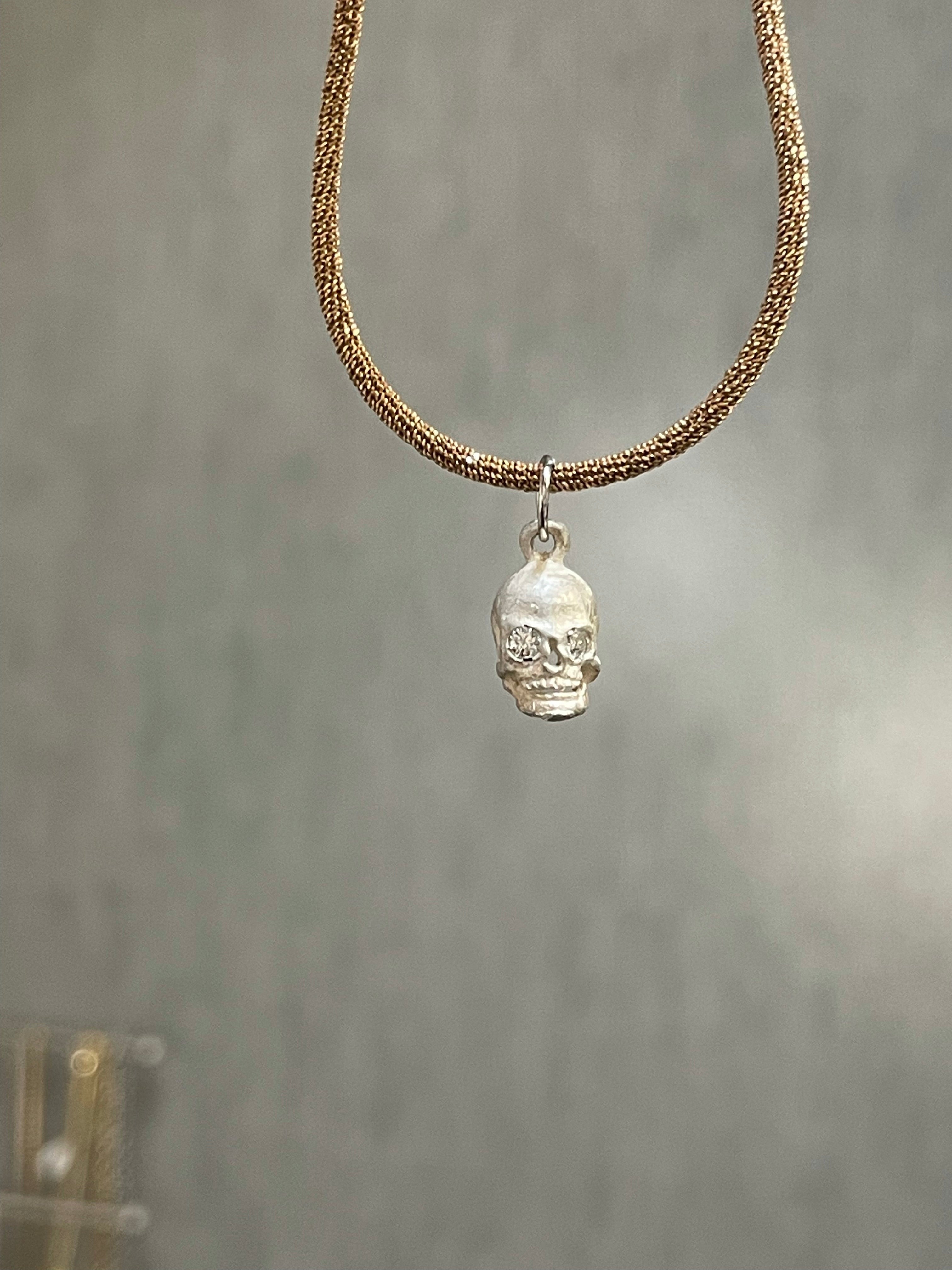 Natural Diamond and Sterling Silver Raw Skull Charm Pendant