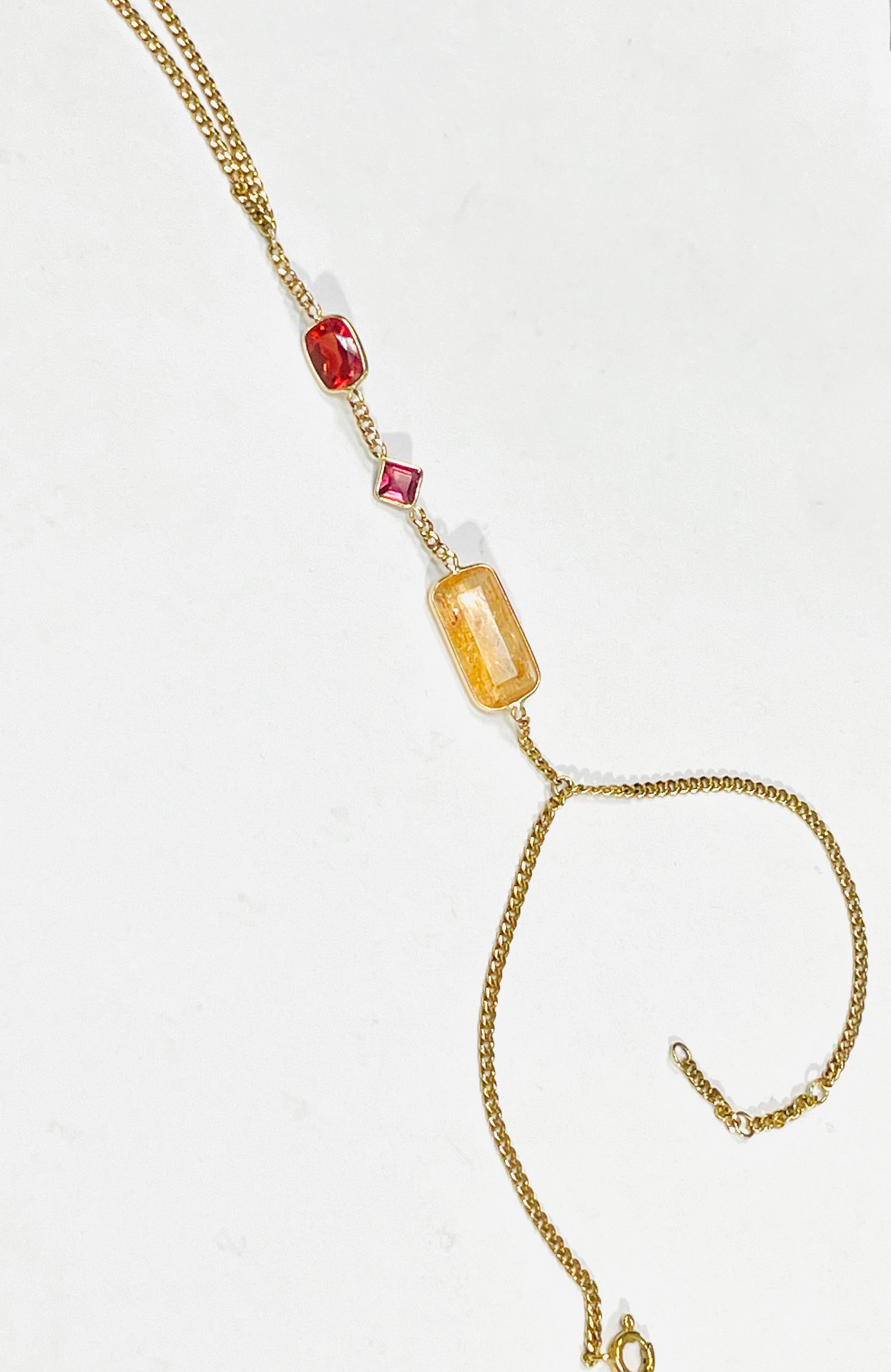 Red Labradorite Pink Tourmaline Imperial Topaz Handchain in solid 14k Yellow Gol