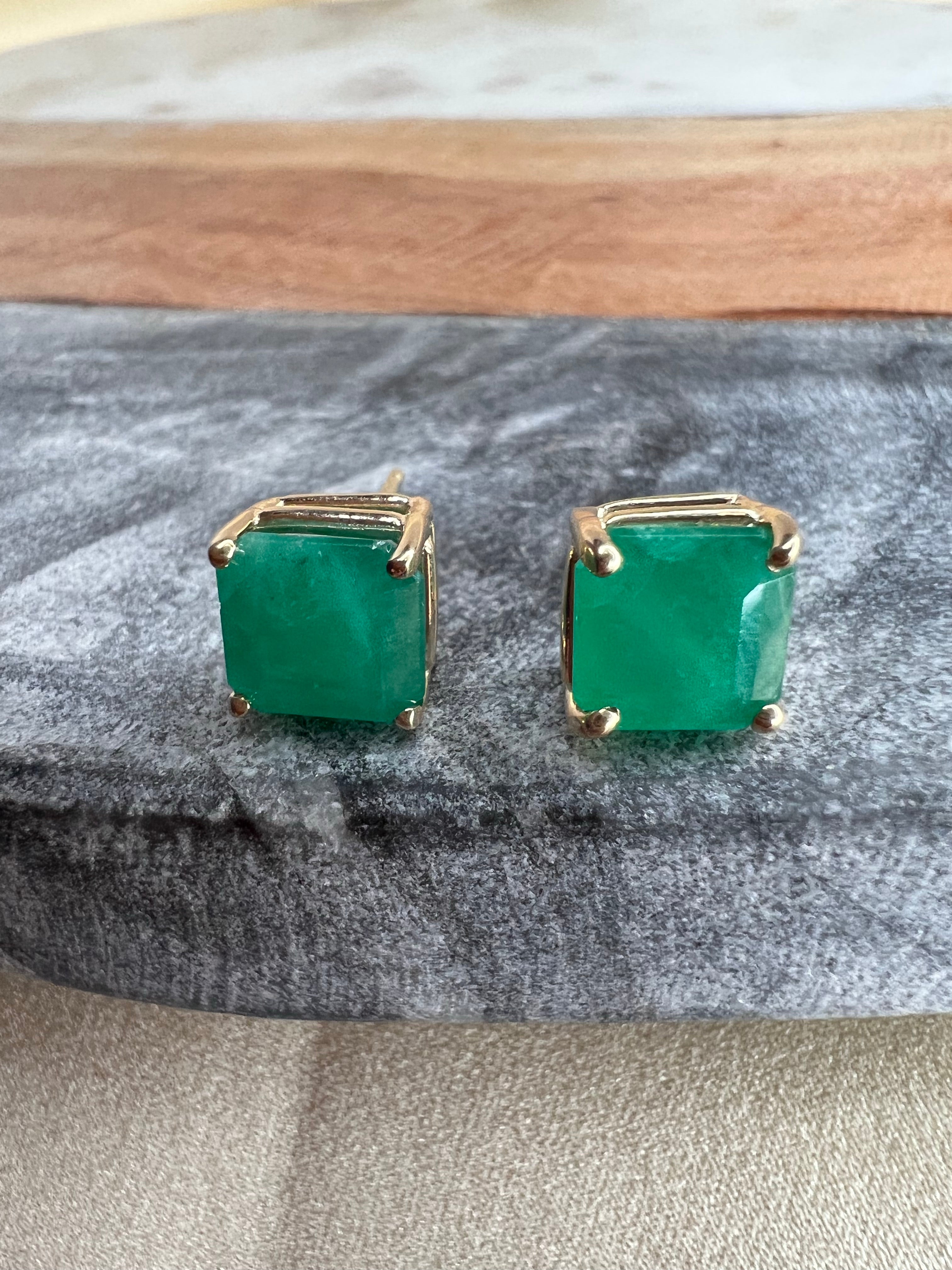 4CT Colombian Emerald 14K Yellow Gold Stud Earrings