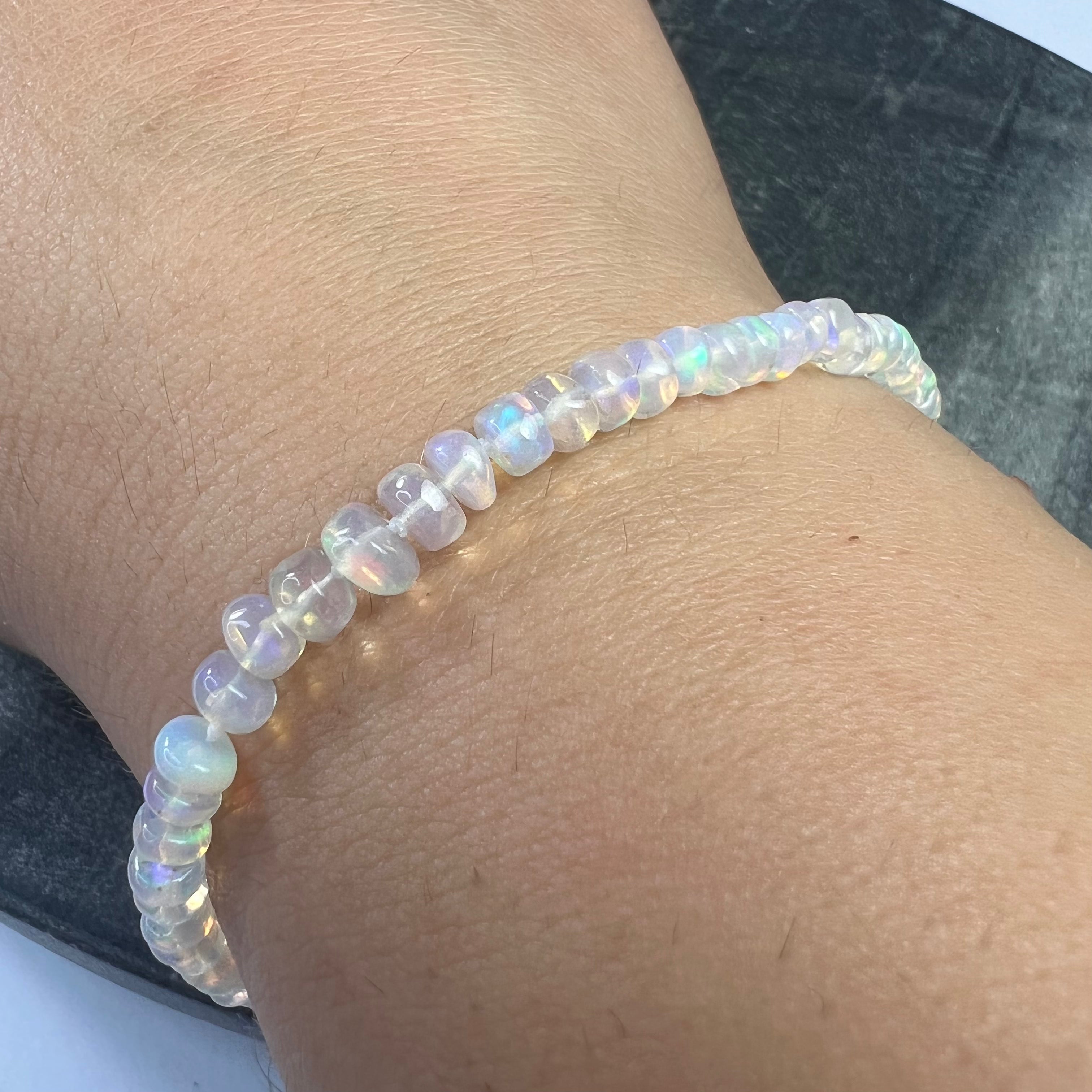 White Opal Beaded Bracelet 14K Gold 7.5"