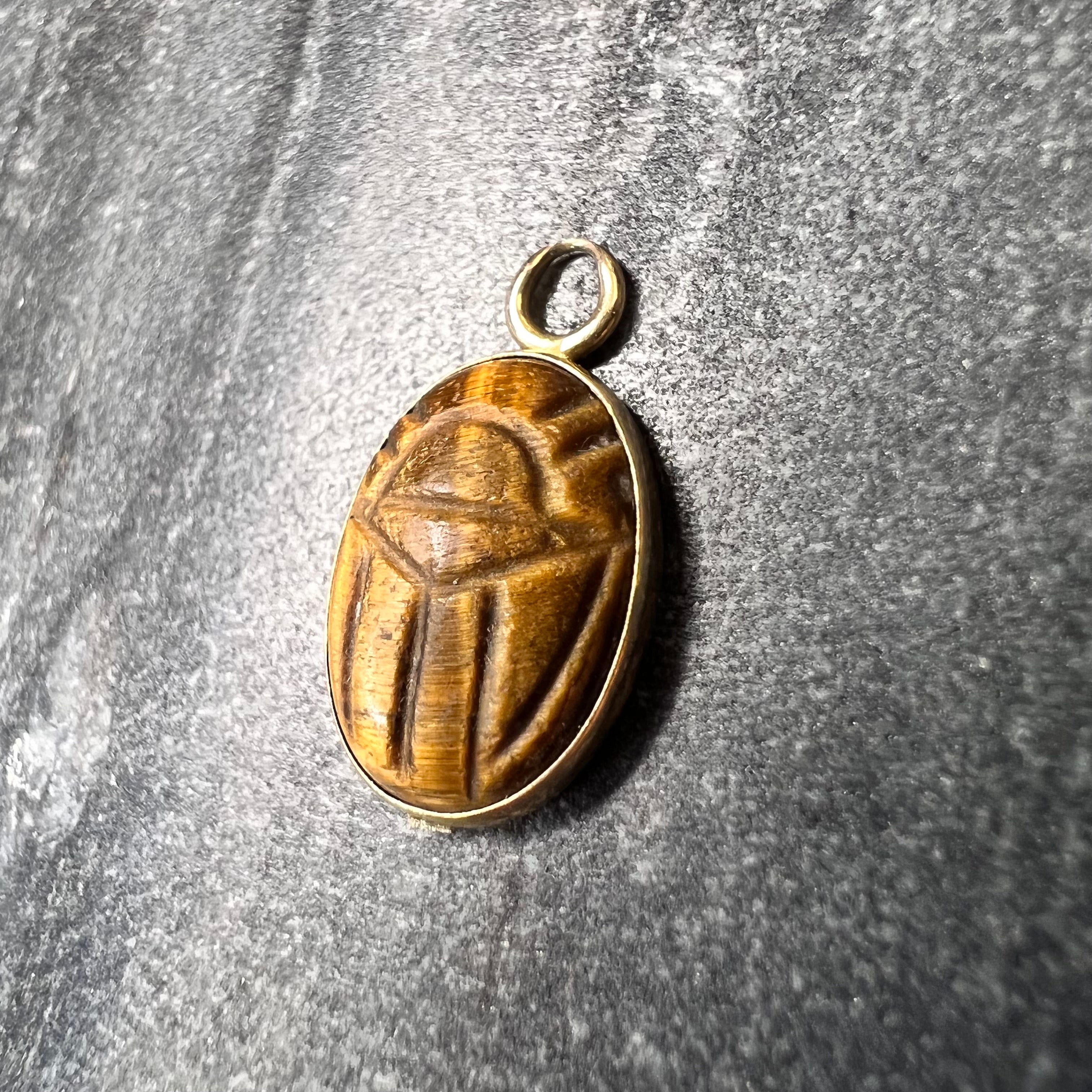 Natural Oval Tiger Eye 14K Yellow Gold Charm Pendant 19x10mm
