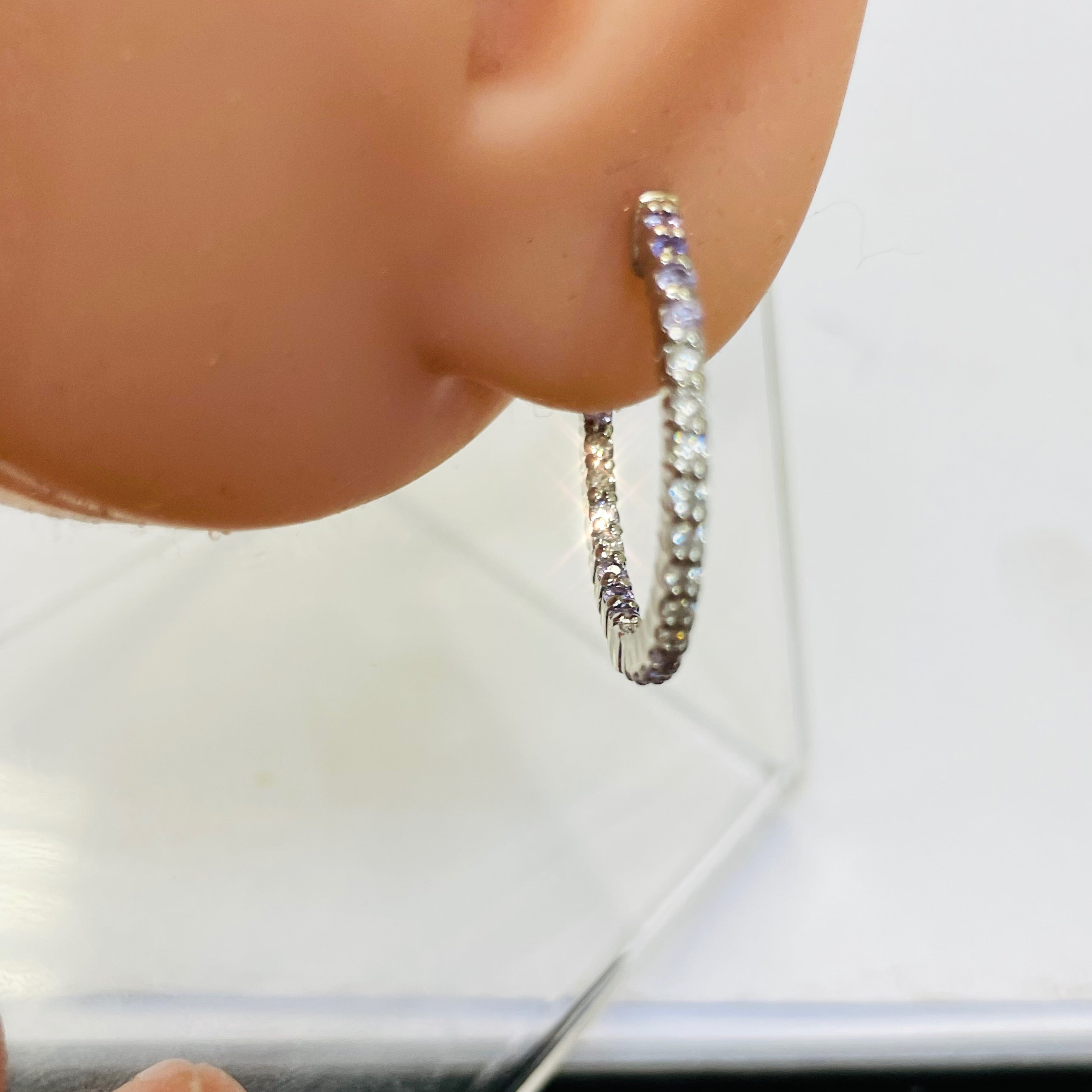 .90” Diamond and Purple Ombre Sapphire 14K White Gold Inside Outside Hoop Earrin