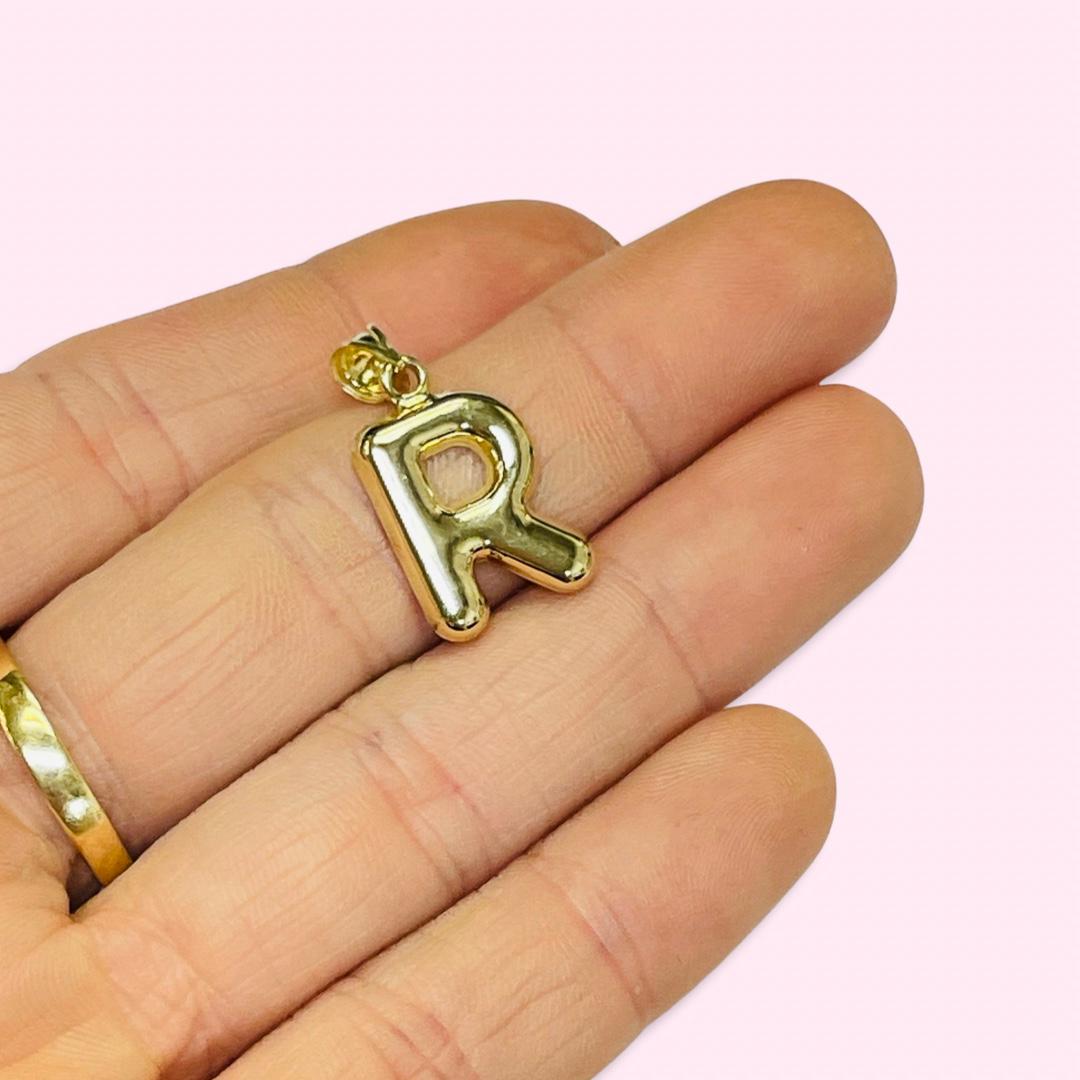 Initial R Puffy Balloon Letter 10K Yellow Gold Pendant