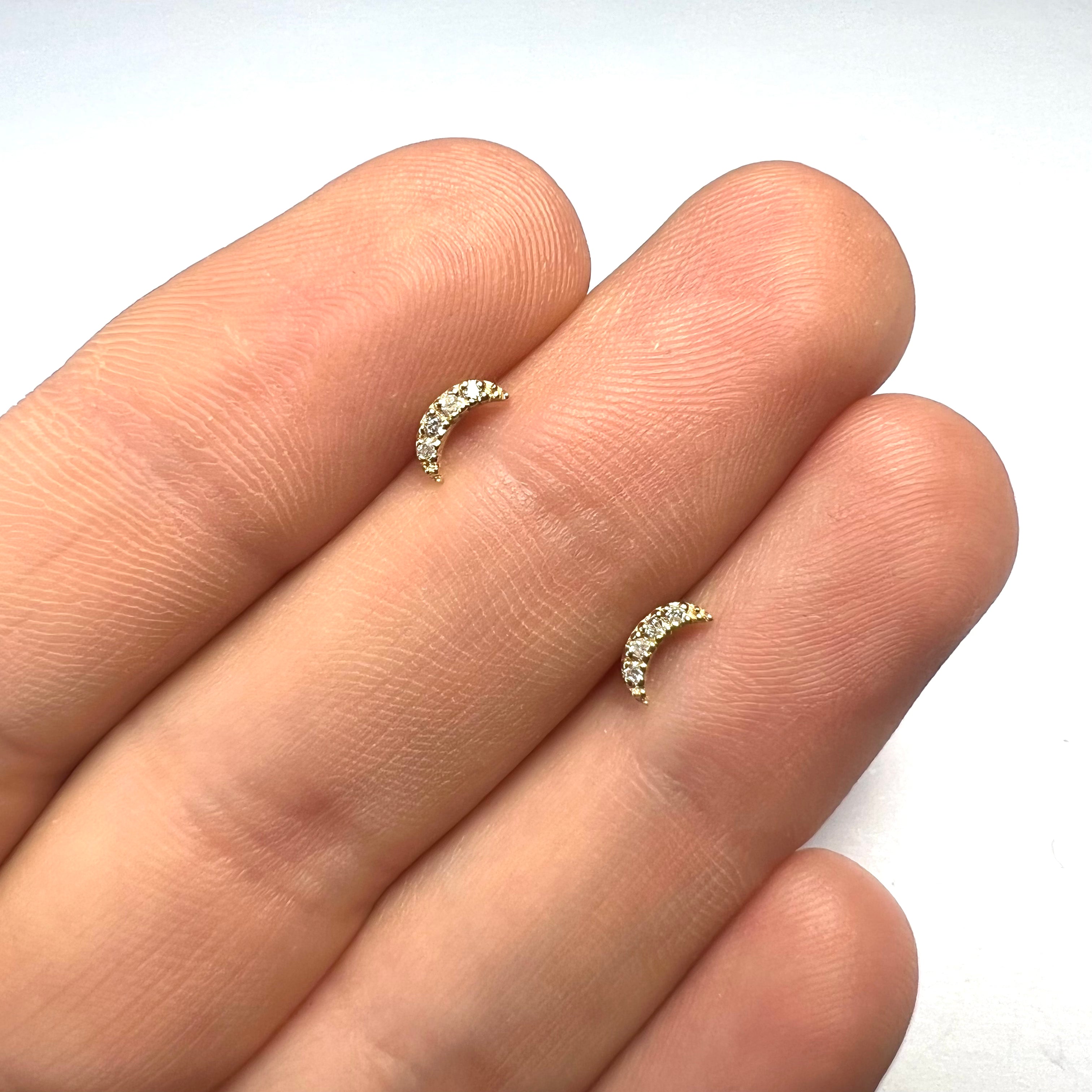 Glittering Diamond Celestial Crescent Moon Earrings 14K Yellow Gold 6x3mm