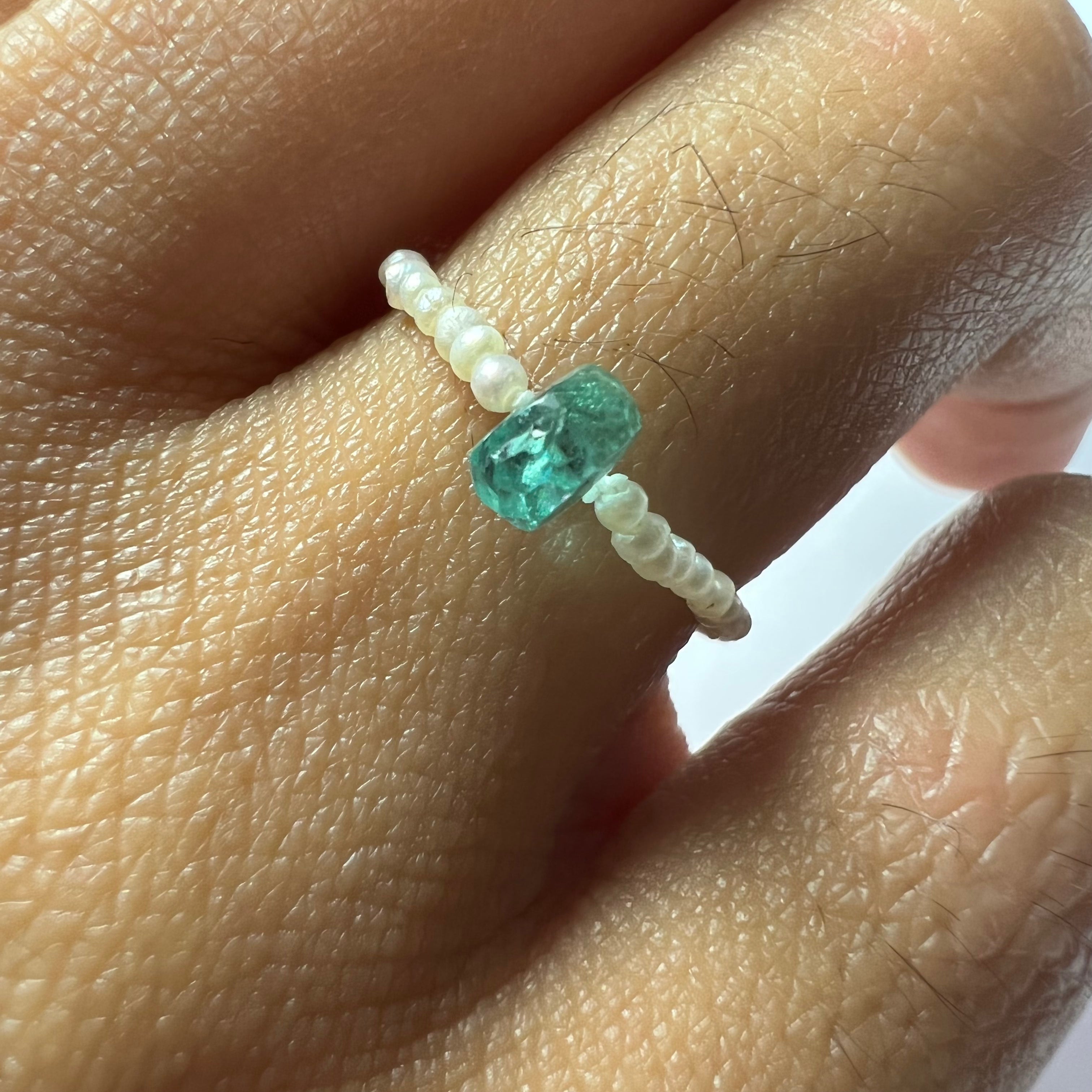 Natural Seed Pearl Eternity Rough Emerald Bead Ring Size 5.75