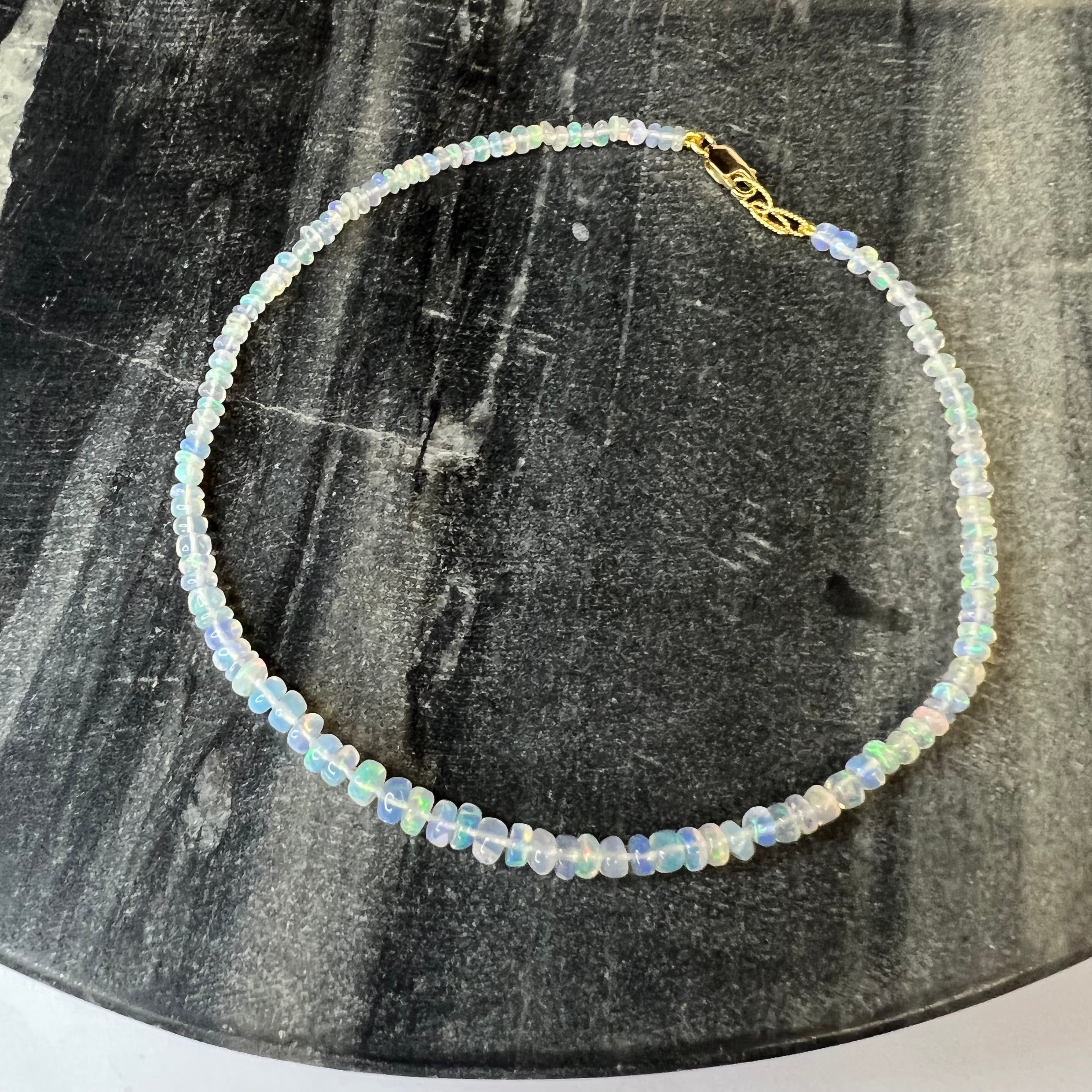 14K Yellow Gold Clasp White Opal Beaded Anklet 9.5"-10"