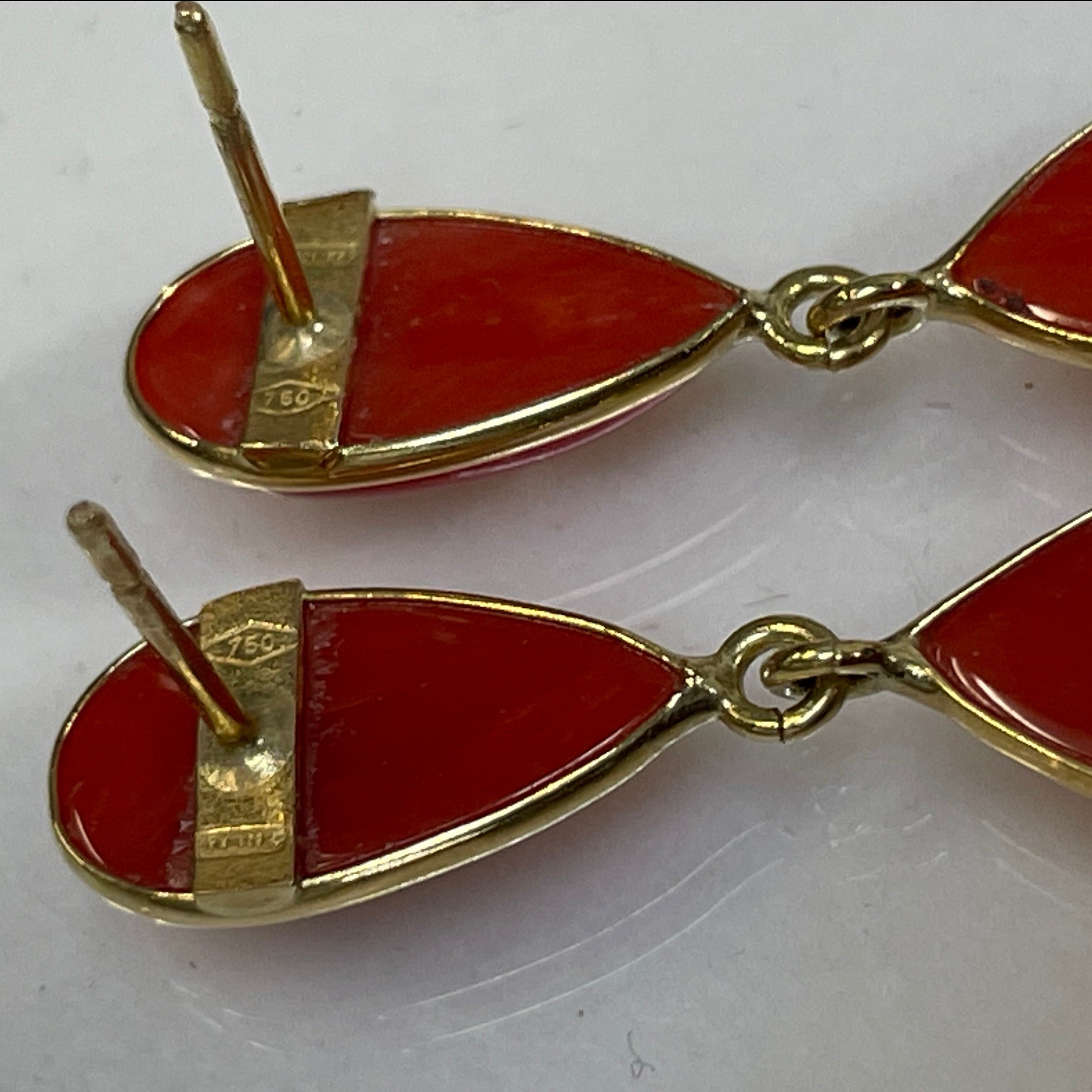 Natural Untreated Red Coral Drop Earrings 18K Yellow Gold