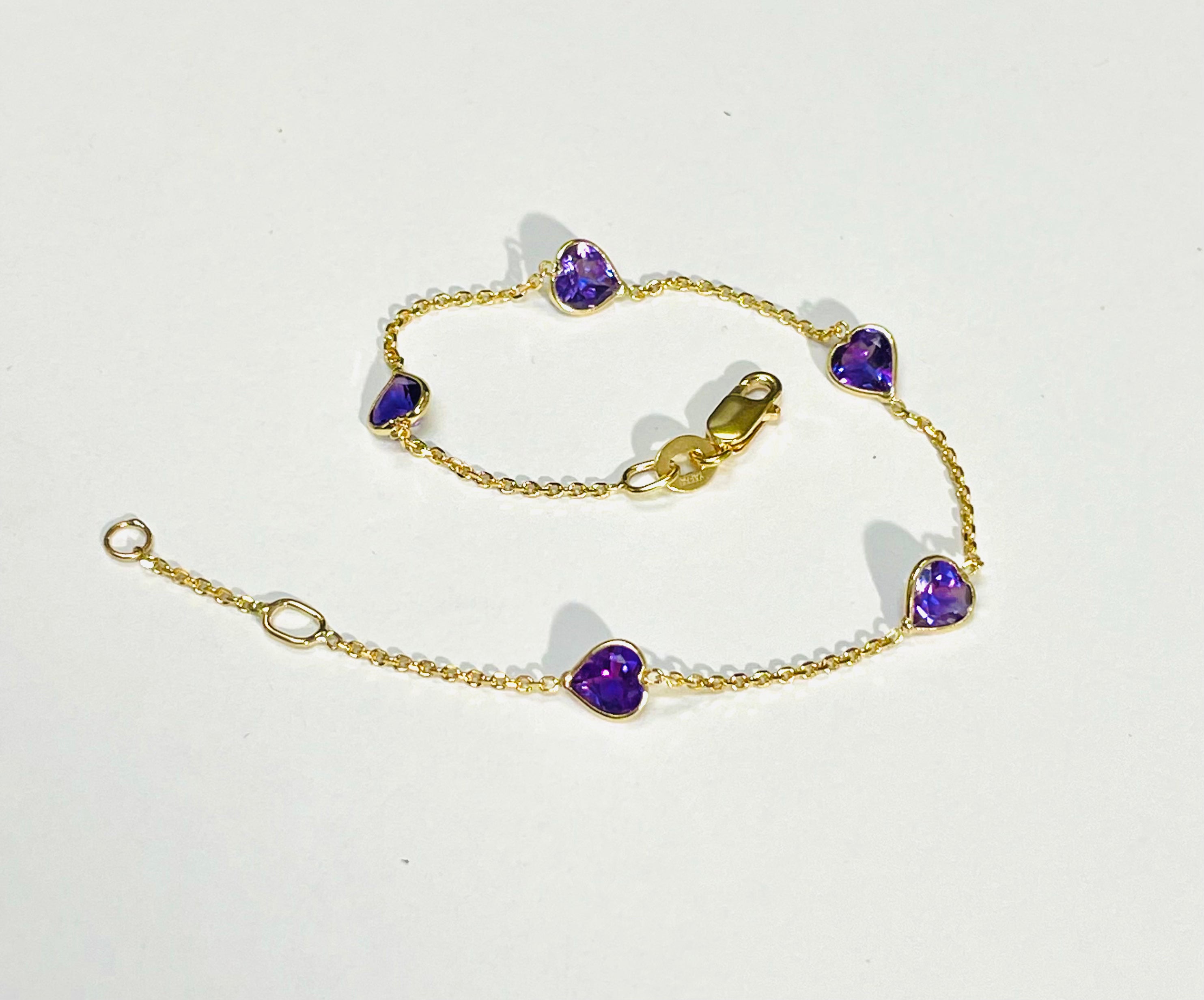 Natural Amethyst Sweet Heart Station Bracelet 14 Yellow Gold 6.25-6.75"