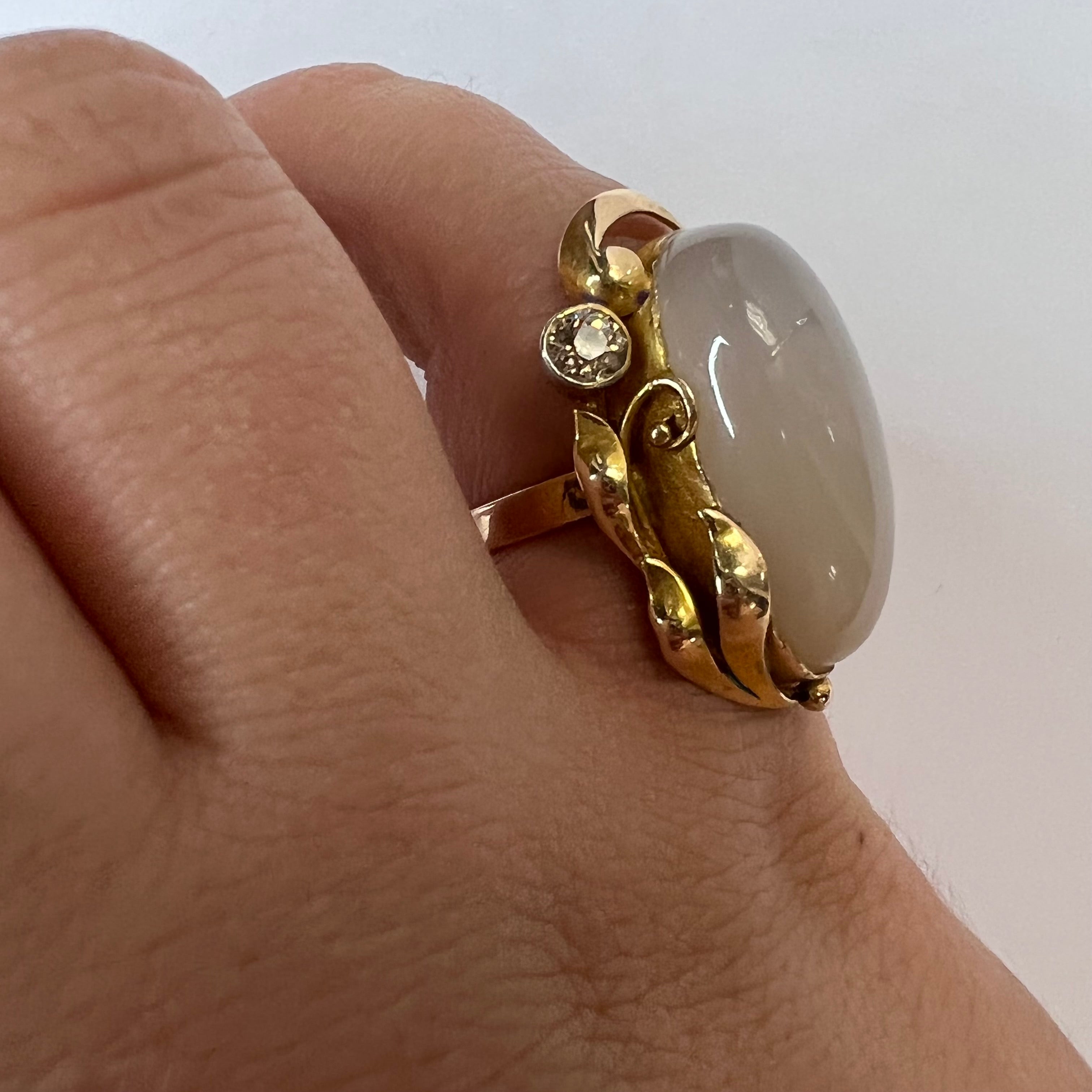 Solid 14K Yellow Gold Antique Moonstone and Diamond Long Ring Size 4.75