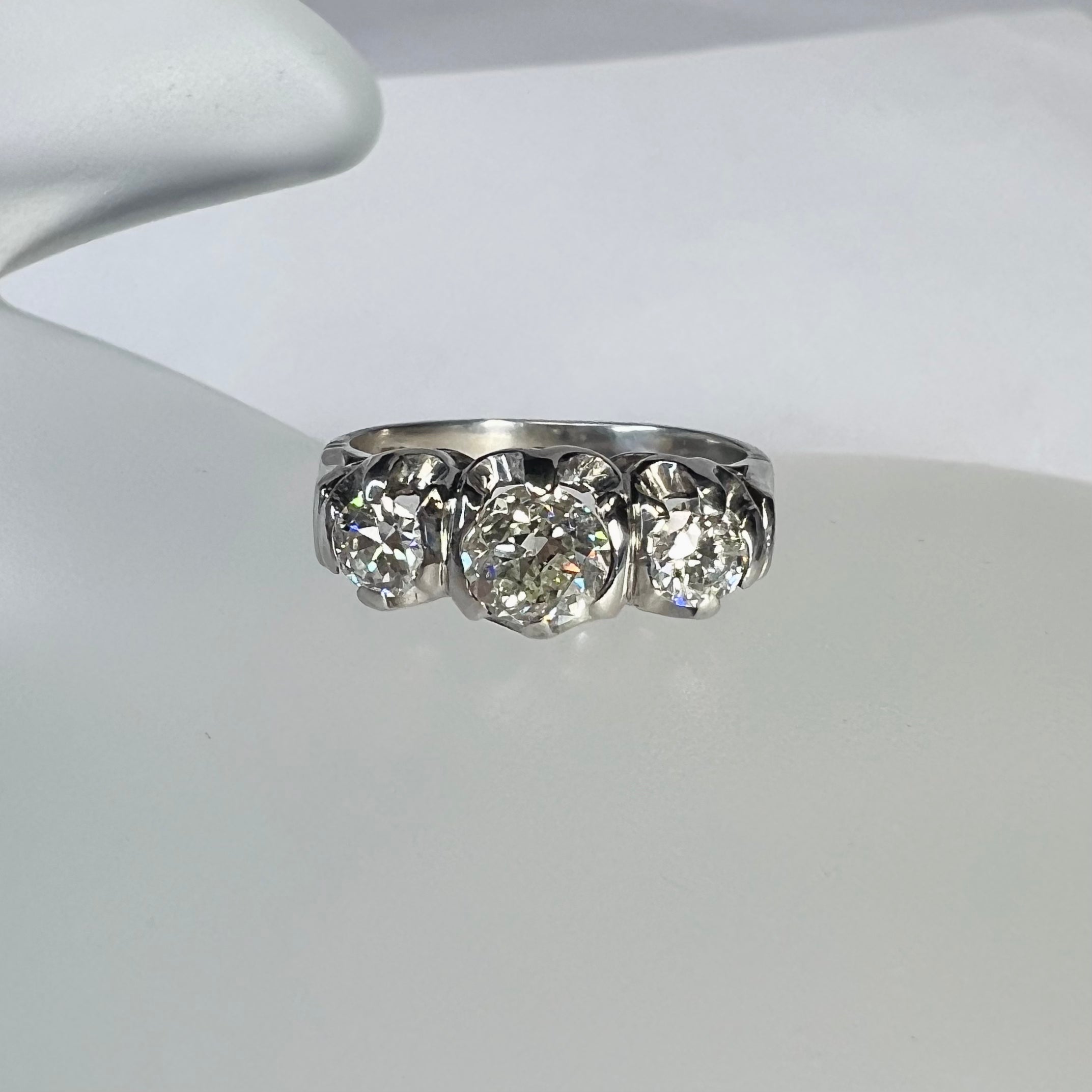 Antique 18K White Gold 3 Diamond Ring Size 6