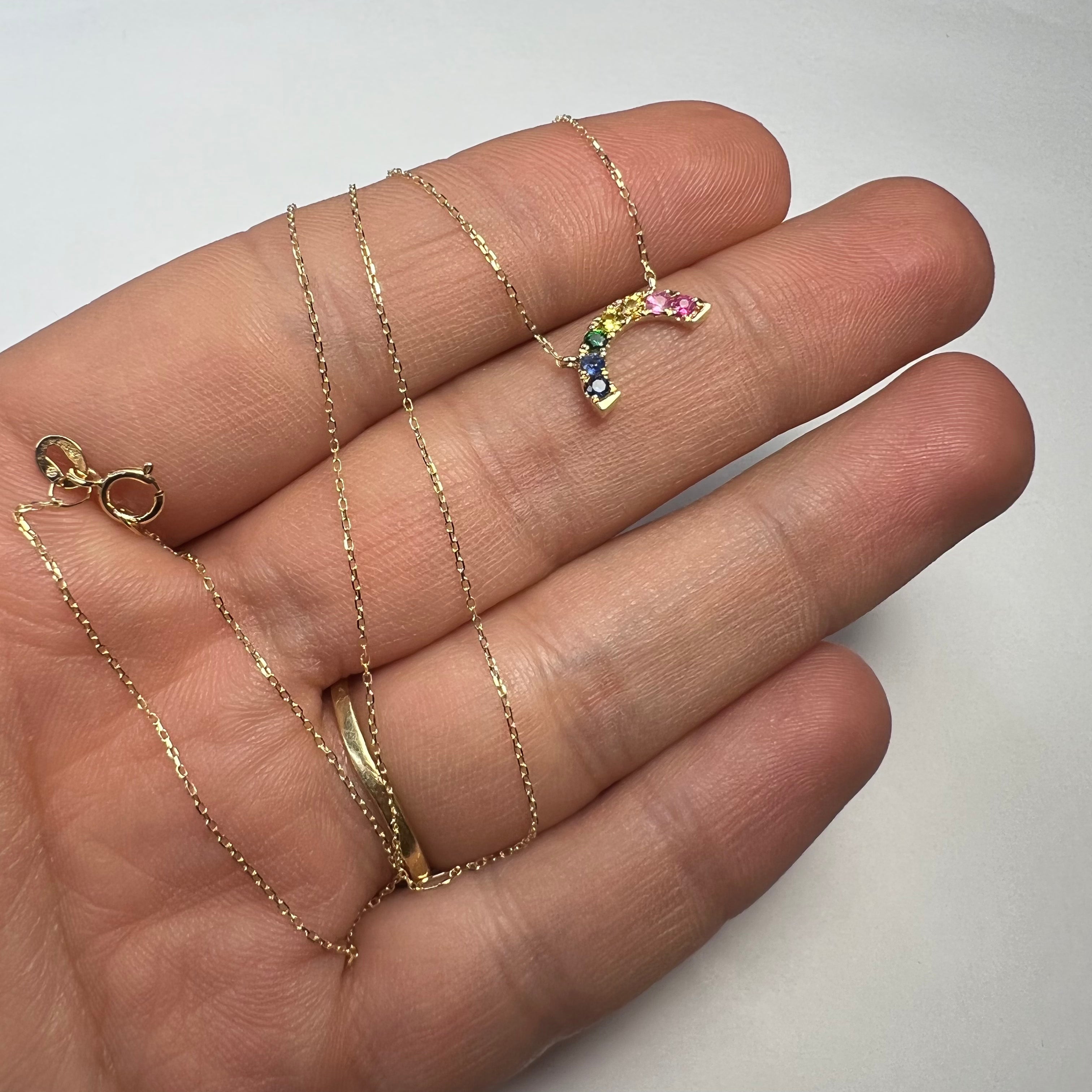 Small Rainbow Sapphire 16"-18" 14K Yellow Gold Necklace Adjustable