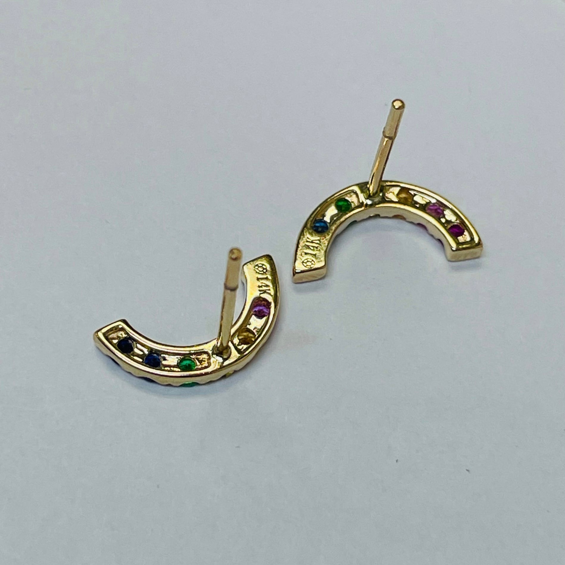 Natural Sapphire 14K Yellow Gold Rainbow Earrings Multi Stone 12x4mm