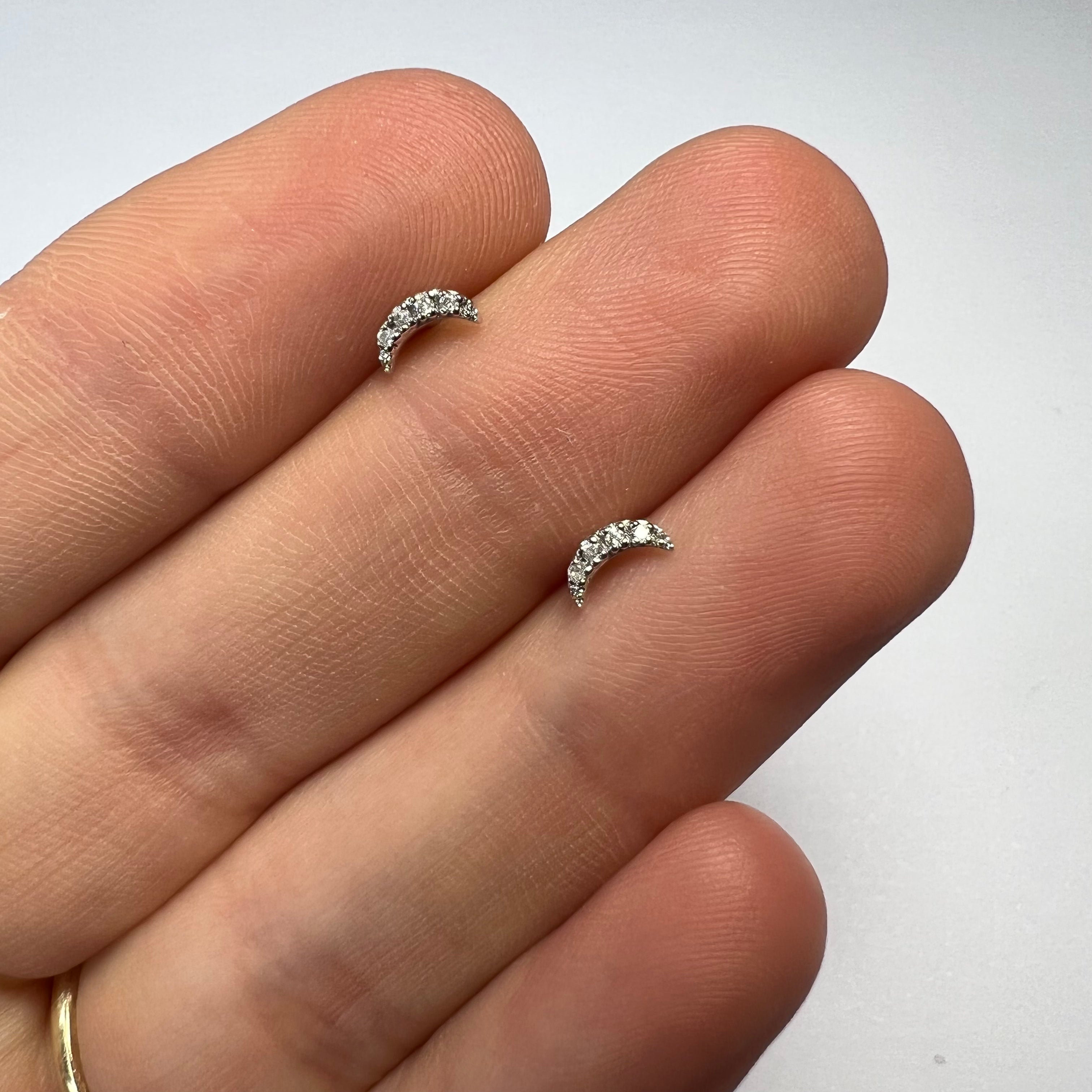 14K White Gold Crescent Moon Diamond Studs 6x3mm