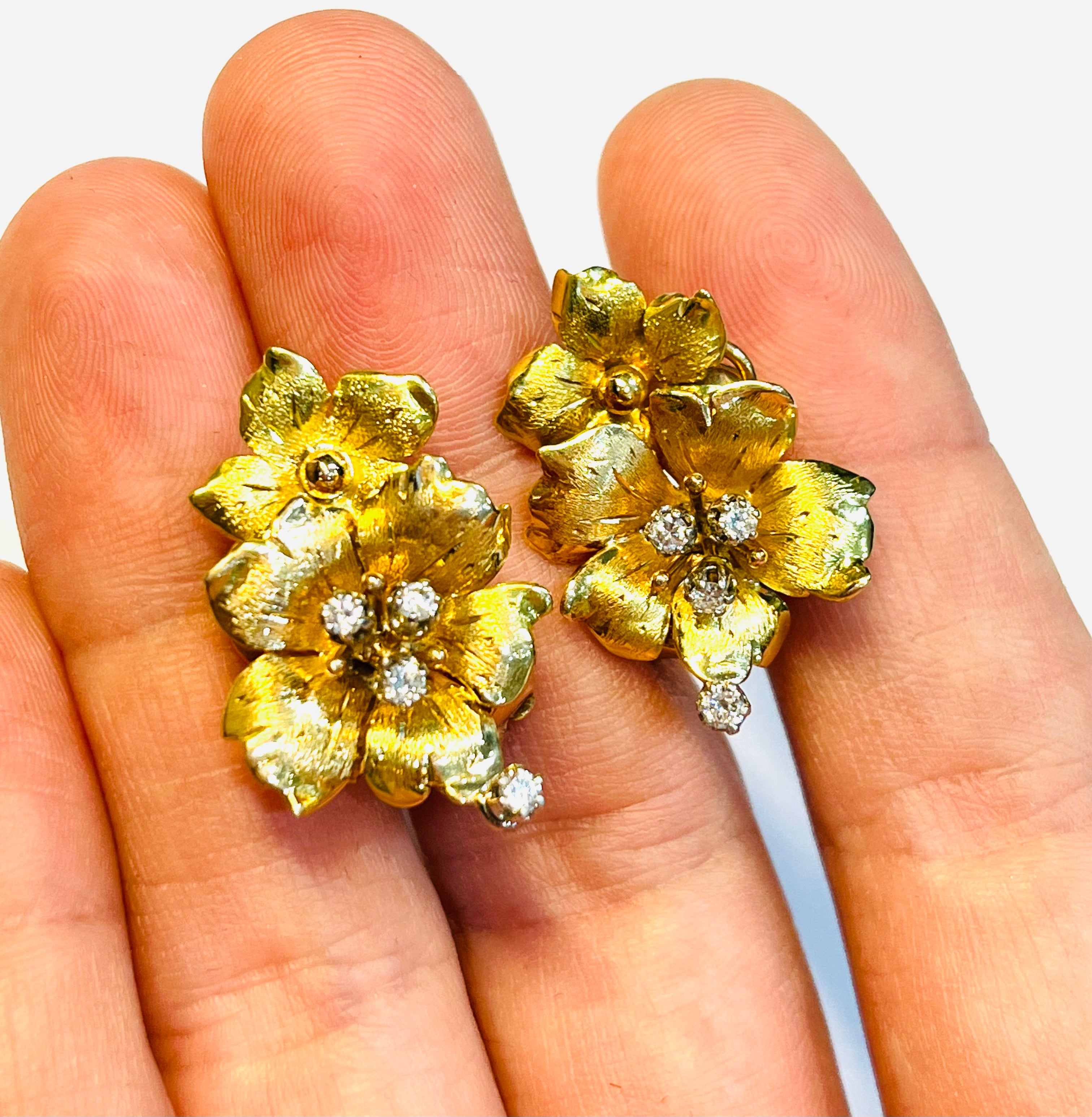 Gorgeous Antique Yellow and Rose Gold Flower Diamond Omega Back Earrings