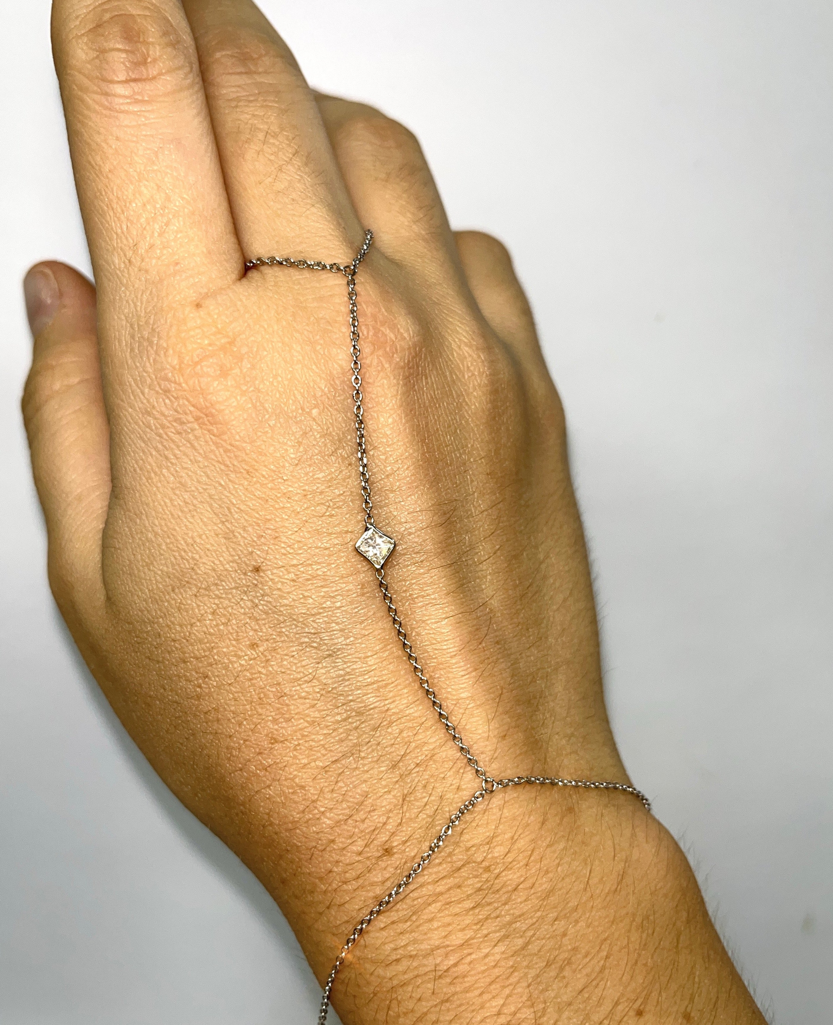 .30CT Princess Cut Diamond Hand Chain in Solid 14K White Gold