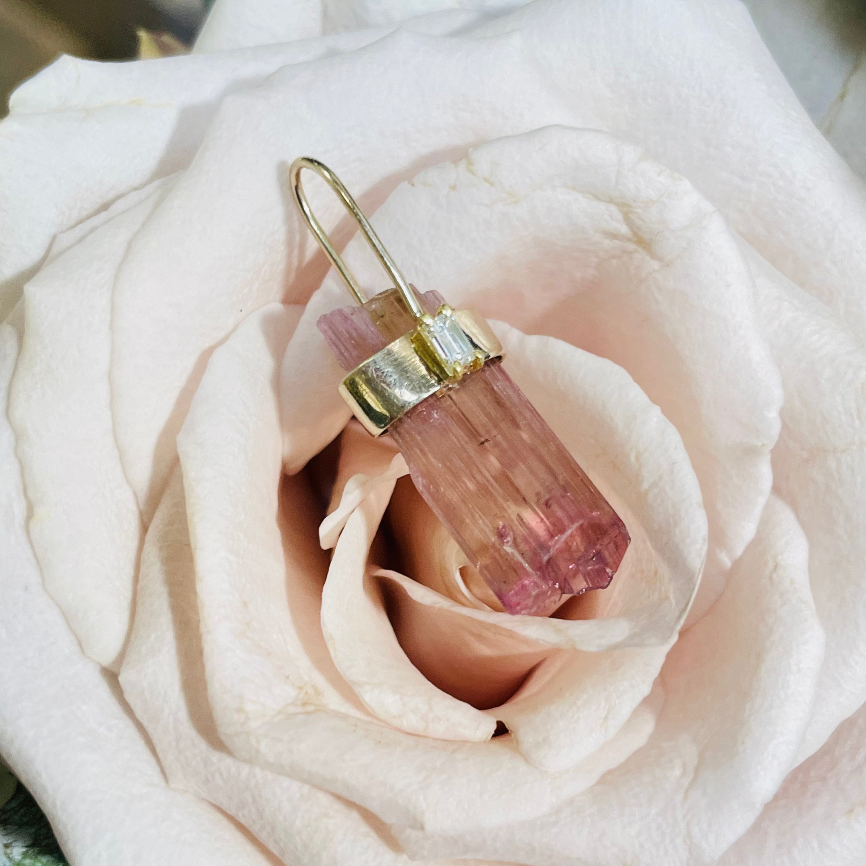 Rough Pink Tourmaline and Diamond 14K Yellow Gold Amulet