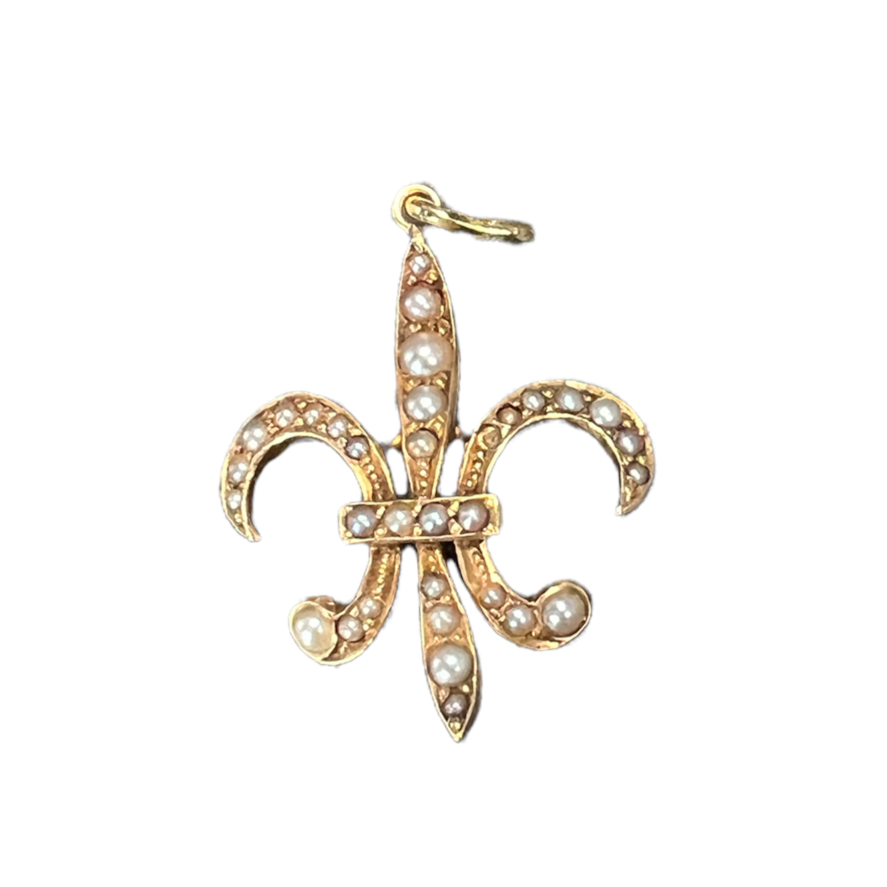 Antique 14K Yellow Gold Fleur De Lis Seed Pearl Pendant Charm